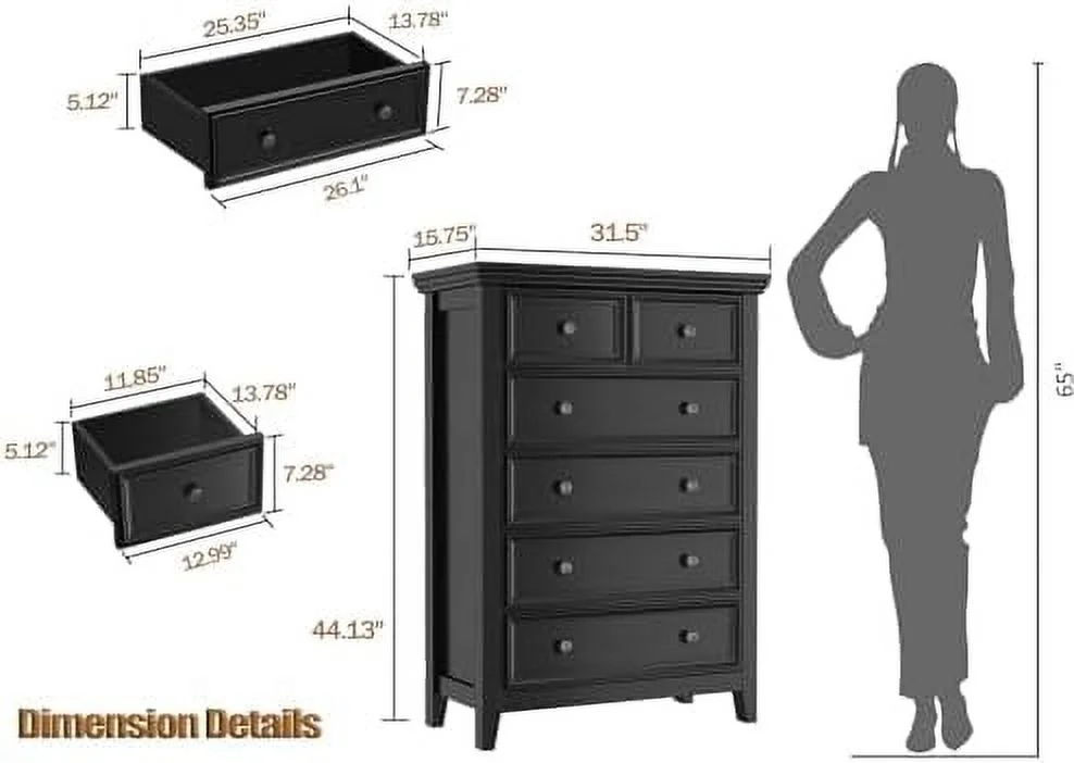 NLIBOOMLife Bedroom Dresser 6 Chest Drawer Dresser for Bedroom Large Capacity Nightstand Modern Wood Cabinet for Bedroom Living Room Closets Hallway (Beige)