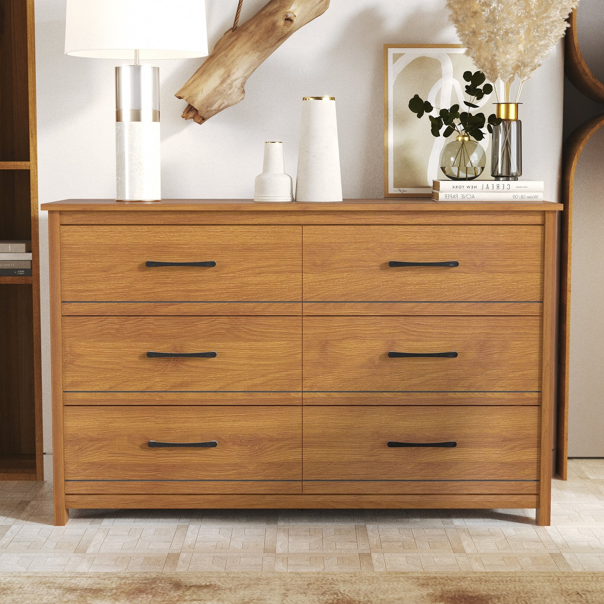 GALANO Kellie 6-Drawers Dresser 30.9 in. x 47 in. x 16.5 in. Amber Walnut
