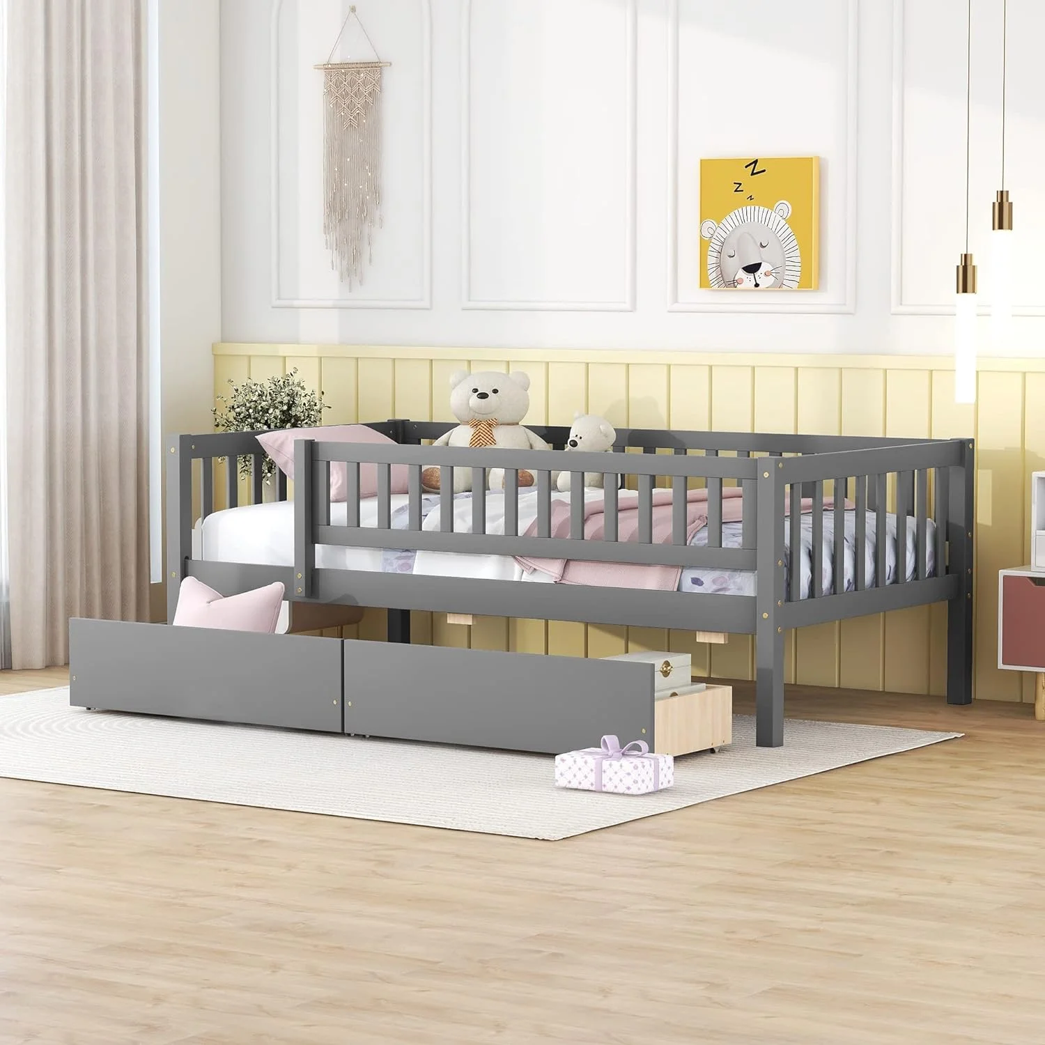 Size Bed Frame With Fece Railigs Ad Storage Drawers, Woode Motessori Kids Beds With Slats Support, Dual-Use Daybed For Bedroom Ad Livig Room, Gray