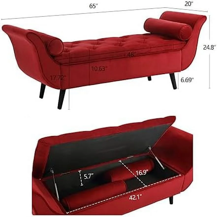 KHBIULIFE Velvet  Bench for Bedroom End of Bed with 2 Pillow  Upholstered Button Tufted  Ottoman Bench Footstool Rolled Arm Solid Wood Legs for Entryway Living Room Dining Room (Black)