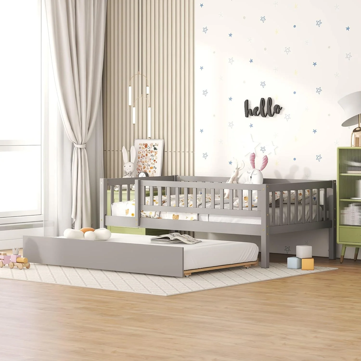 Size Wood Daybed, Day Bed Frames With Trudle Ad Safety Fece Guardrails For Bedroom Livig Room Kids Adults,Gray