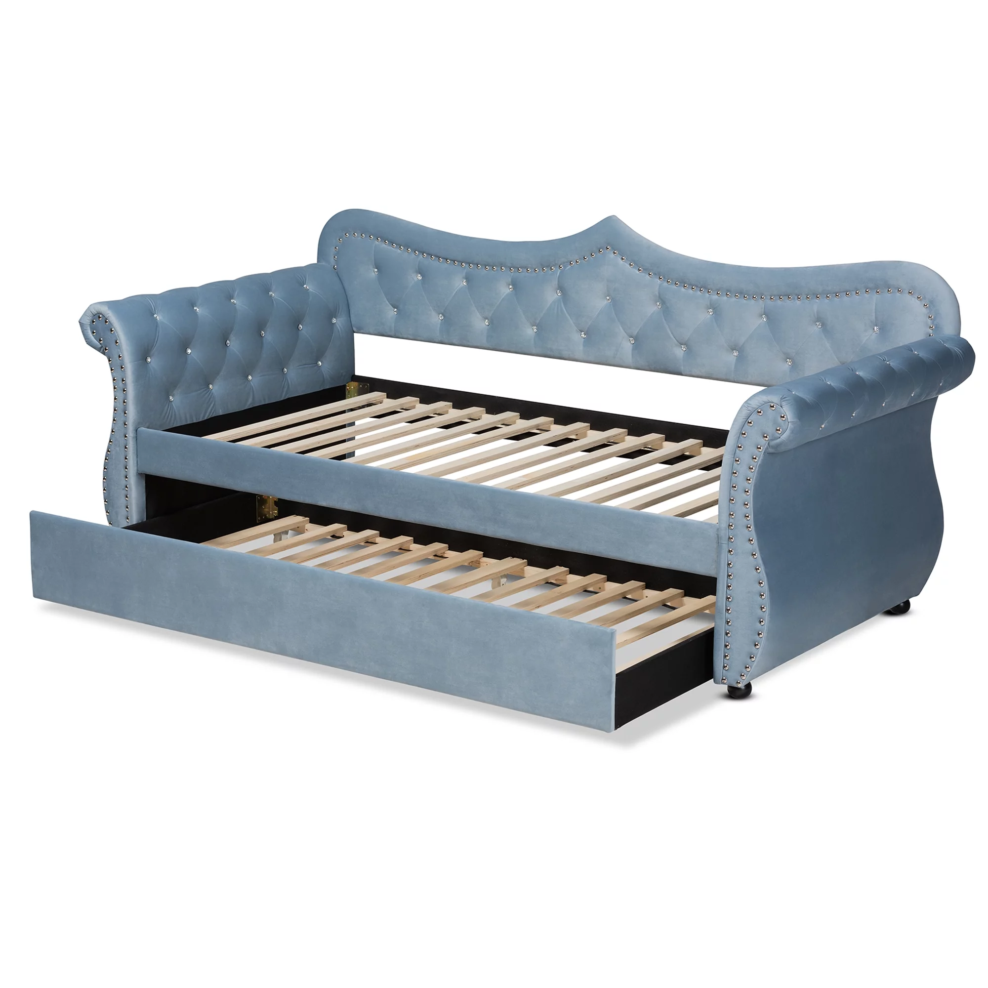 Baxton Studio Abbie Light Blue Velvet Upholstered and Crystal Tufted Twin Daybed with Trundle