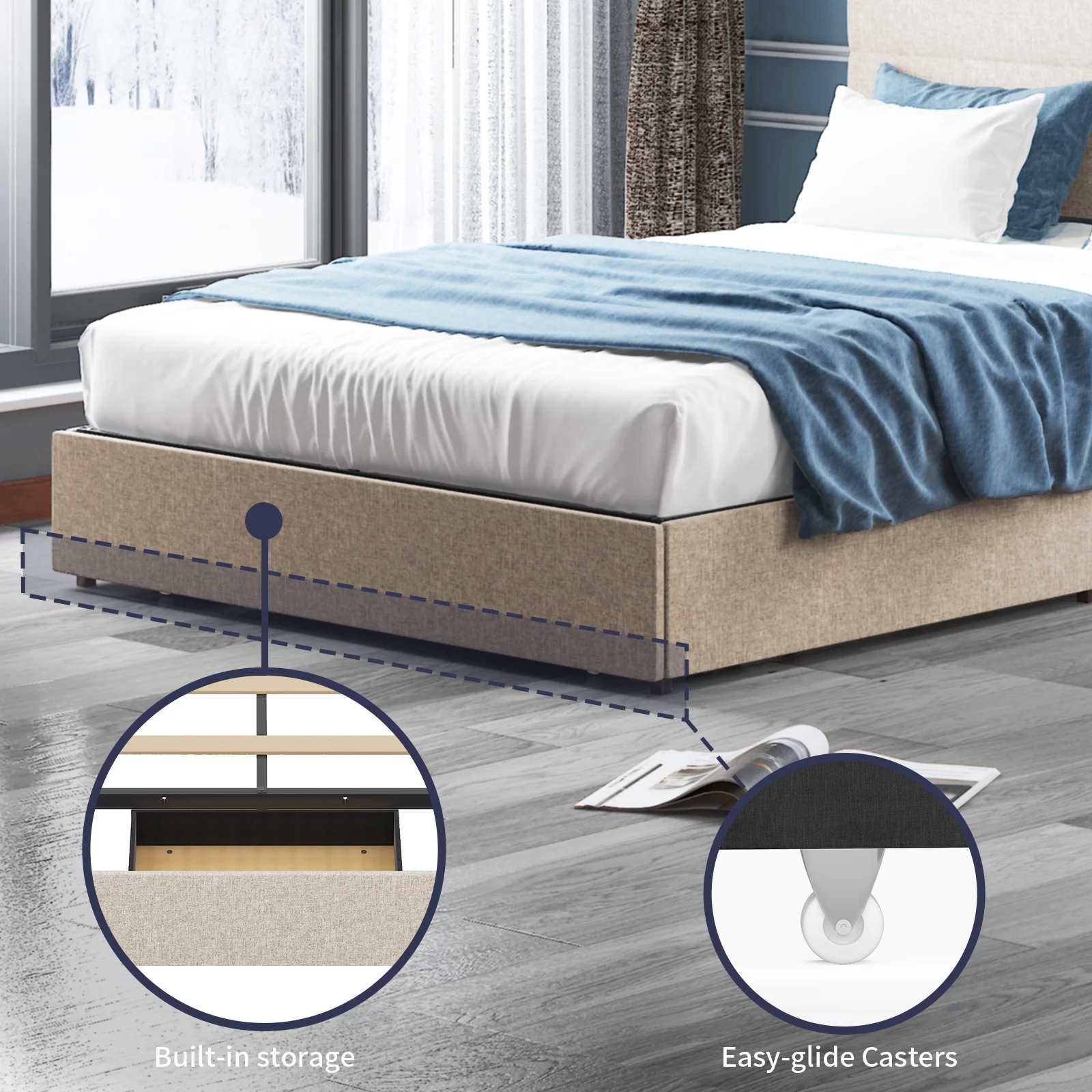 ZAFLY Full Size Bed Frame with Drawers, No Box Spring Needed Bed Frame with Headboard, Upholstered Platform Bed Frame with Large Storage Space for Bedroom, Beige