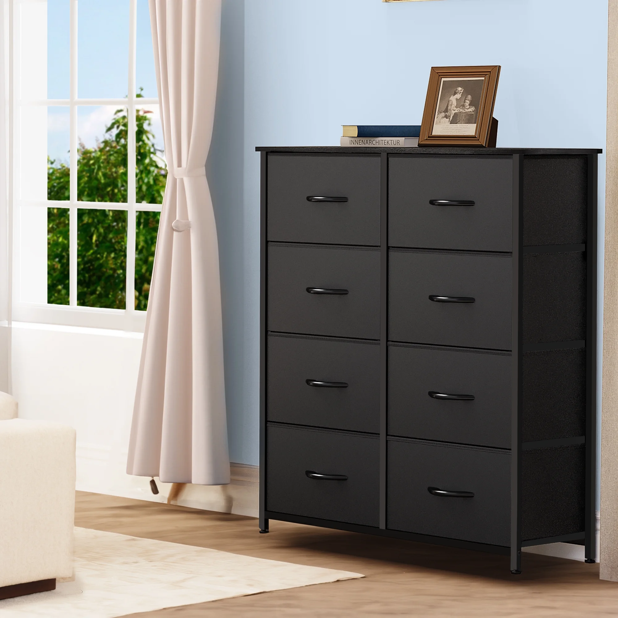 Dextrus 8 Drawer Dresser for Bedroom, Tall Dresser with Fabric Bins, Storage Tower Unit, Chest of Drawers