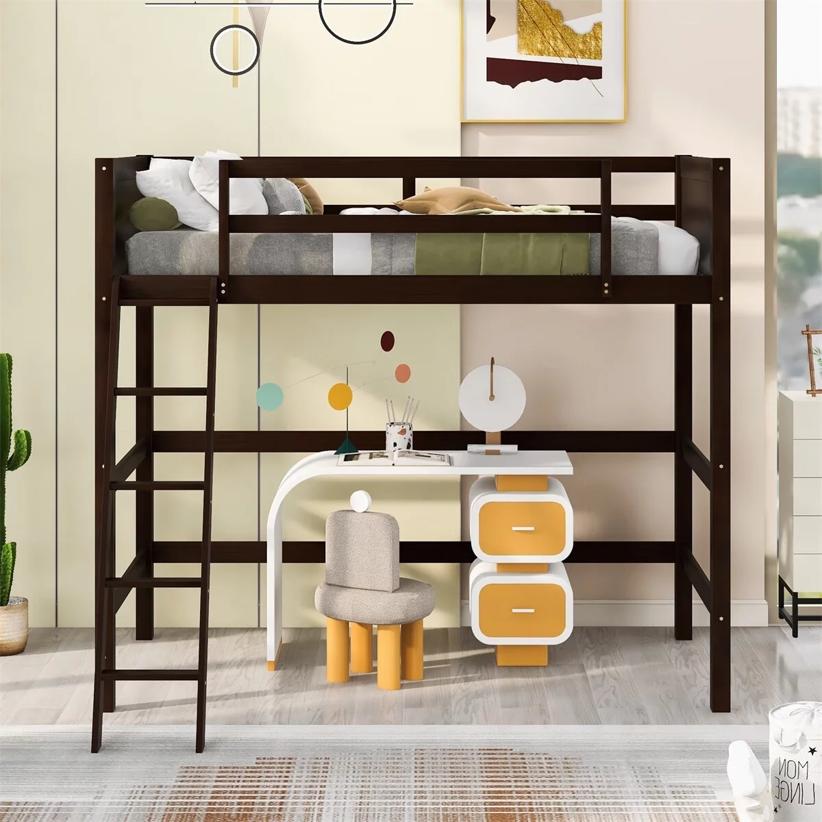 MERAX  Solid Wood Twin Size Loft Bed with Ladder White
