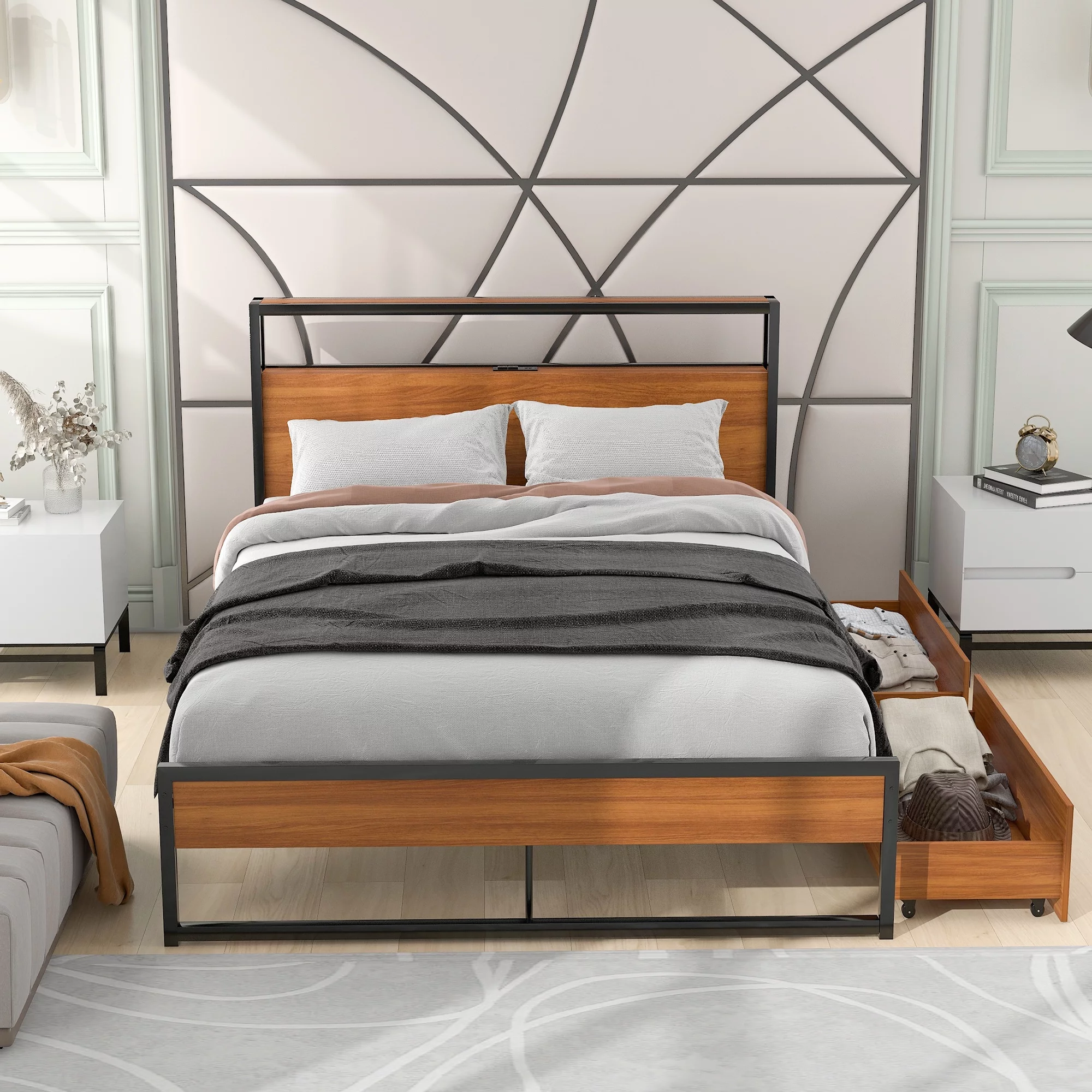 BTMWAY Metal Full Bed Frame, Full Size Platform Bed Frames with Wood Headboard, 2 Drawers, Sockets and USB Ports for Bedroom, No Box Spring Needed, Black