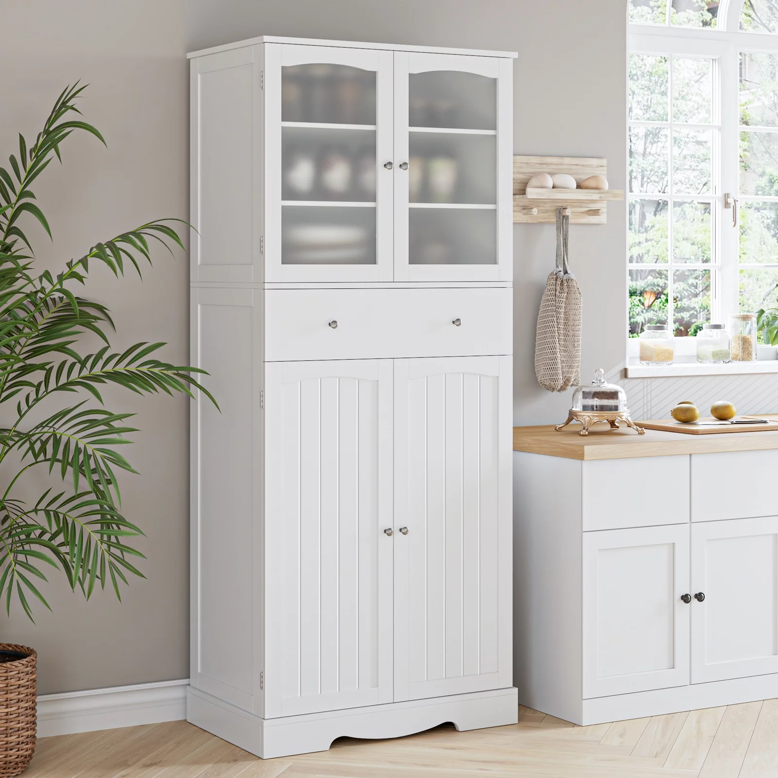 Homfa 70.8'' Kitchen Pantry with 4 Doors, Freestanding Storage Cabinet with Large Drawer for Dining Room, White