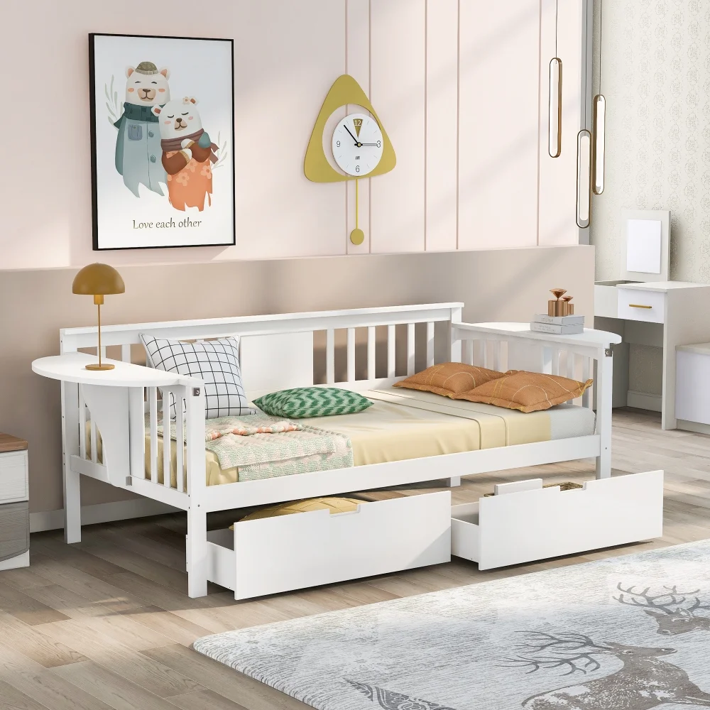 Teledu Twin Size Daybed With Two Drawers, Wood Slat Support, White 2-Number Of Package
