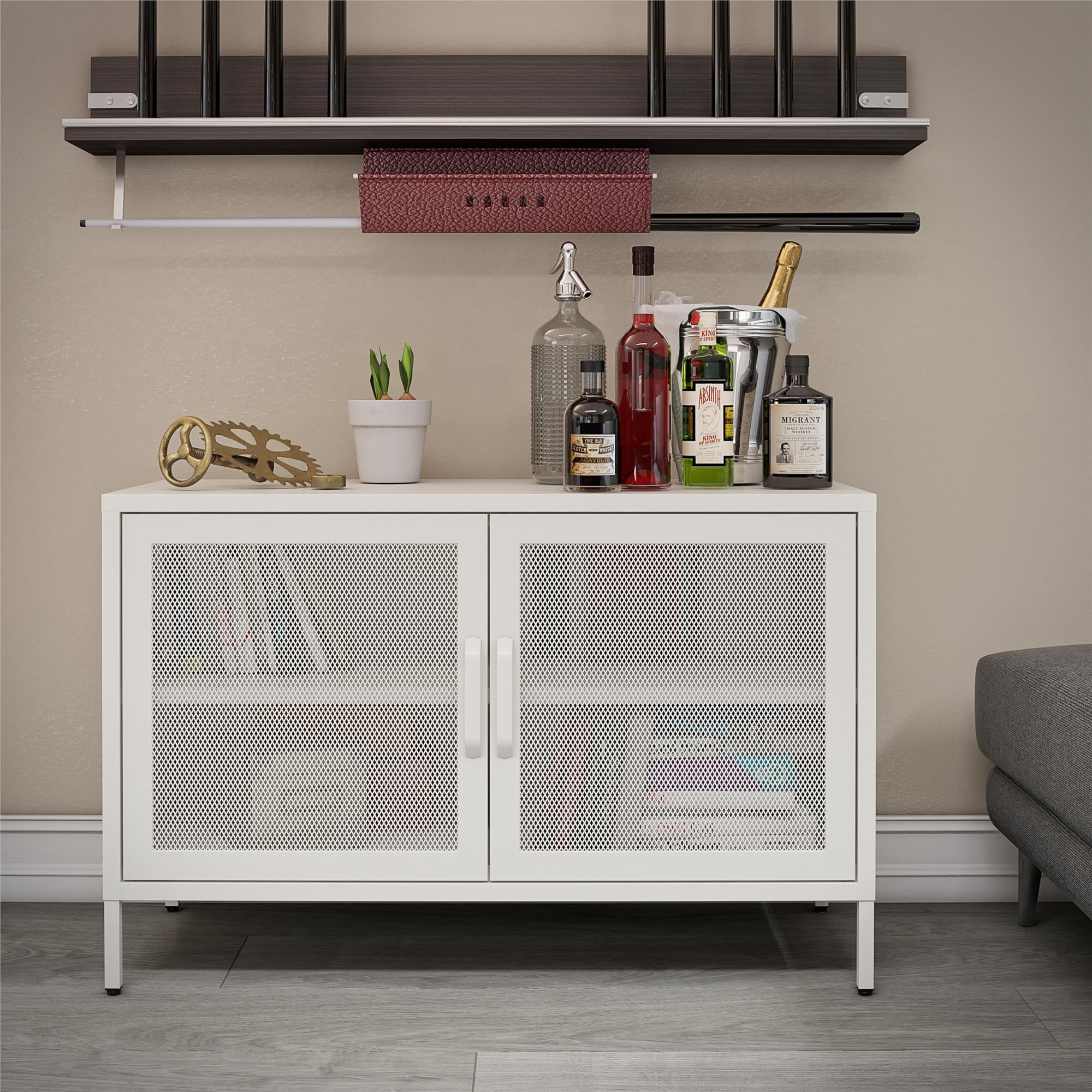 RealRooms Shadwick 2 Door Wide Metal Locker Accent Cabinet-Mesh Metal Doors, Soft White