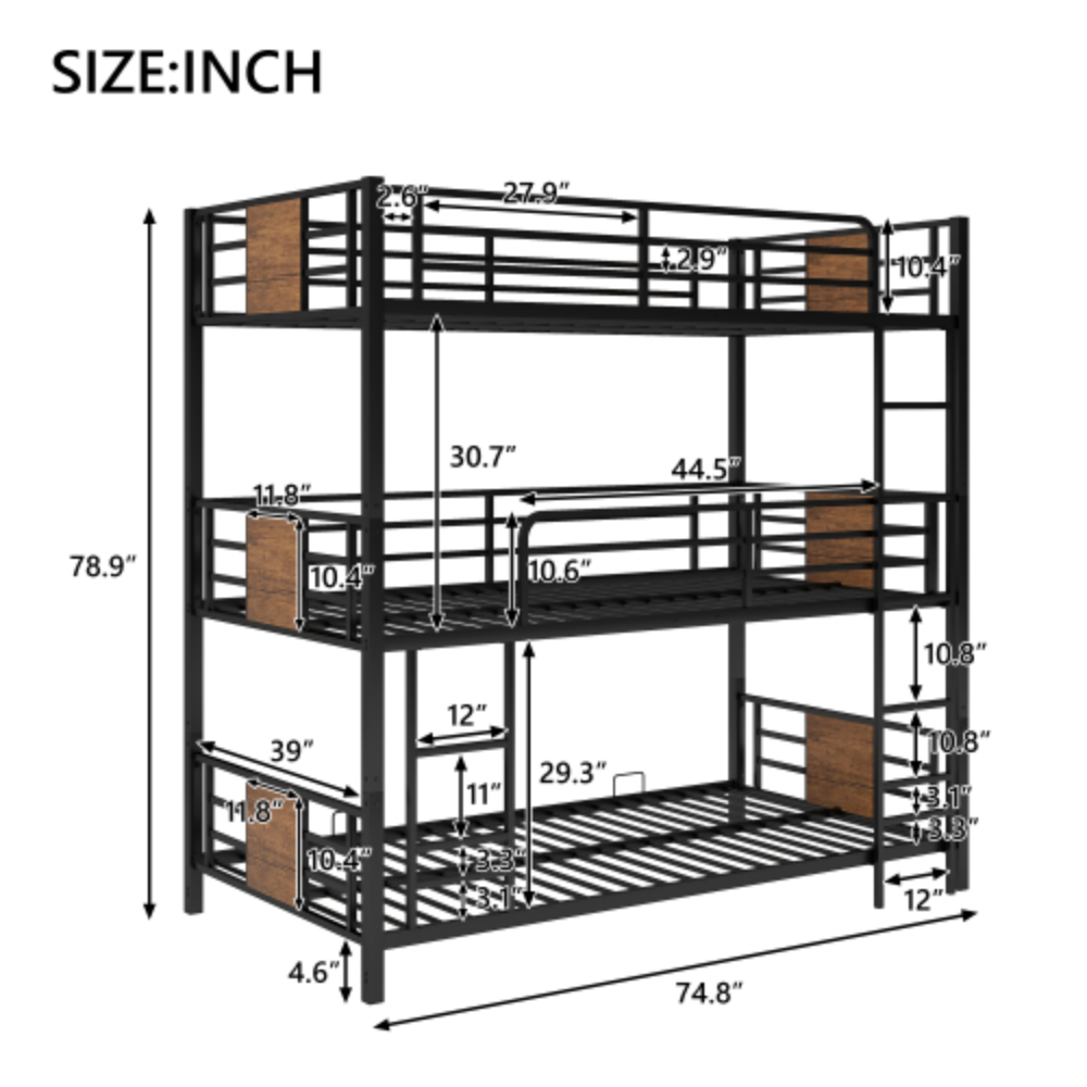 Twin Size Triple Metal Bunk Bed, with Wood Decoration Headboard and Footboard, Brown