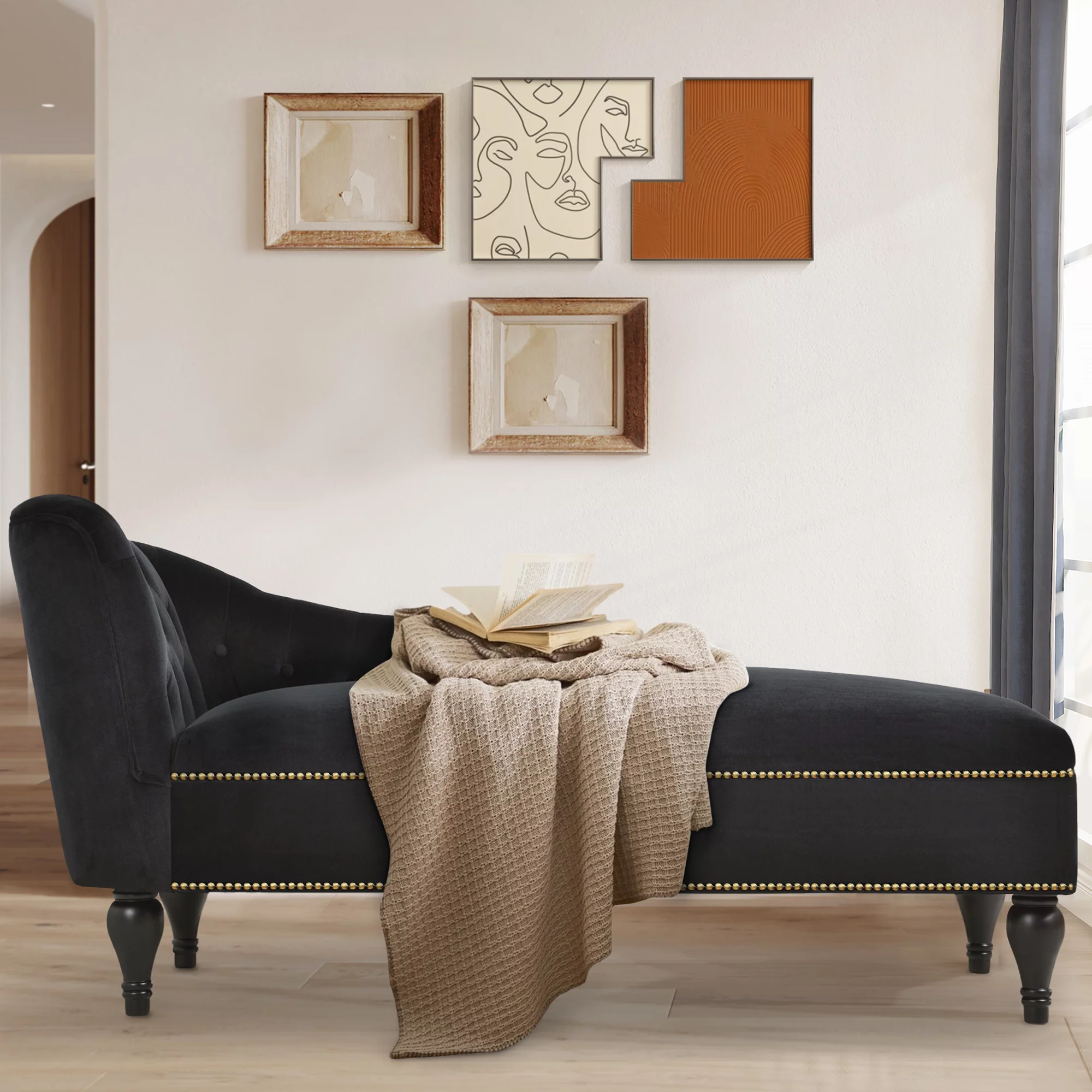 SYNGAR Modern Lounge Chaise Indoor, Leisure Sofa Accent Chair Sleeper Sofa Upholstered Couch, Button Tufted Aremrest and Comfotable Seat with Solid Wooden Legs, Black