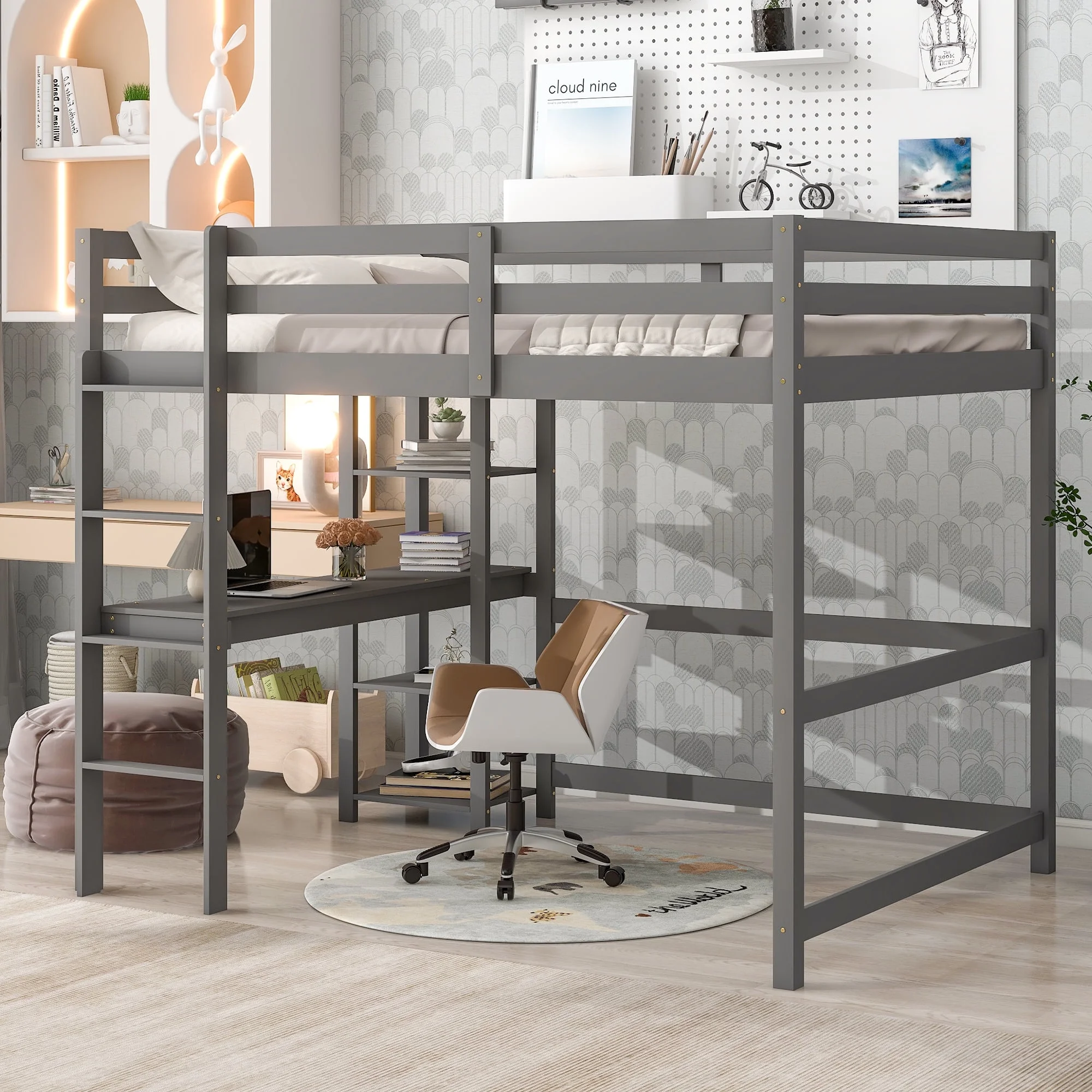 Bellemave Wooden Full Loft Bed with Spacious Built-in Desk and Safety Full-Lengths Guardrail,All-in-One Bed for Kids Teens Adult,Space-Saving ,Gray