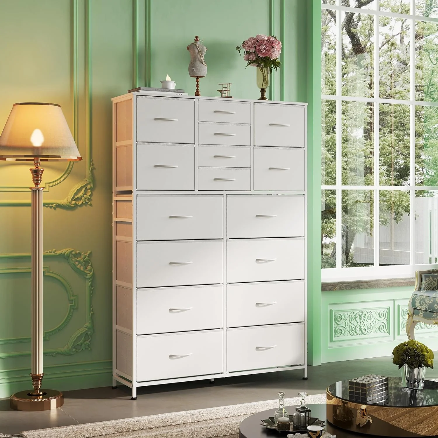 QCAI 16 Drawers Dresser, Tall Dresser for Bedroom, Closet, Hallway, Storage Dresser Organizer unit, Large Dressers & Chests of Drawers with Fabric Bins, White