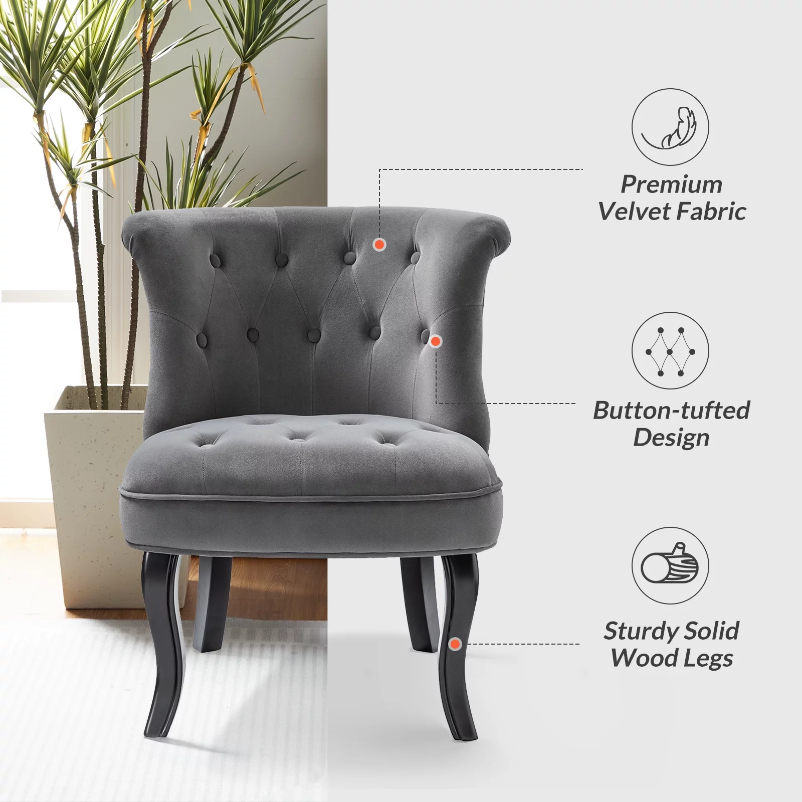 Modern Velvet Armless Accent Chairs,Upholstered Button Single Sofa Set of 2 Wooden Legs Home Bedroom,Grey