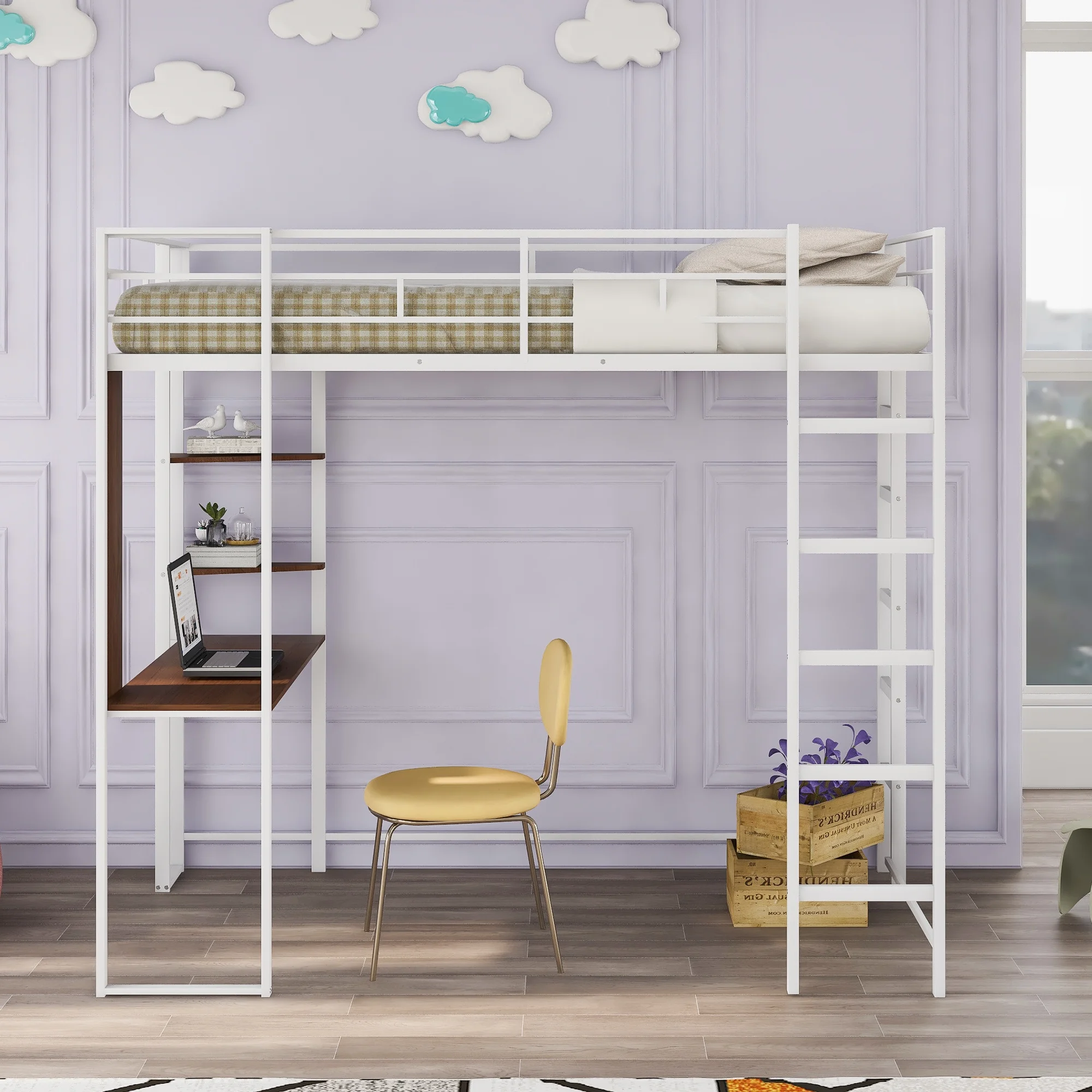 CoSoTower Twin Metal Loft Bed With 2 Shelves And One Desk, White