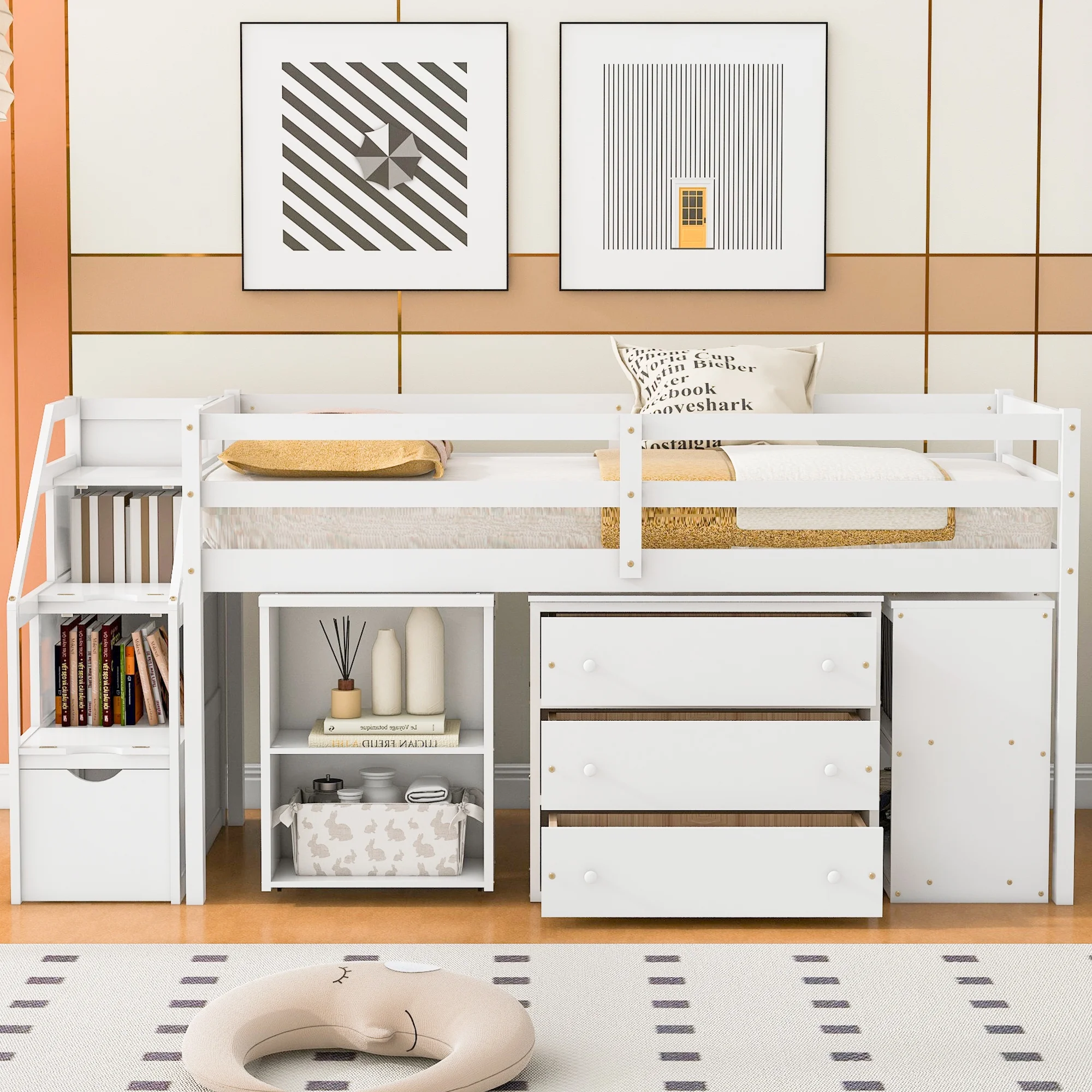 CoSoTower Twin Size Loft Bed with Retractable Writing Desk and 3 Drawers, Wooden Loft Bed with Storage Stairs and Shelves, White