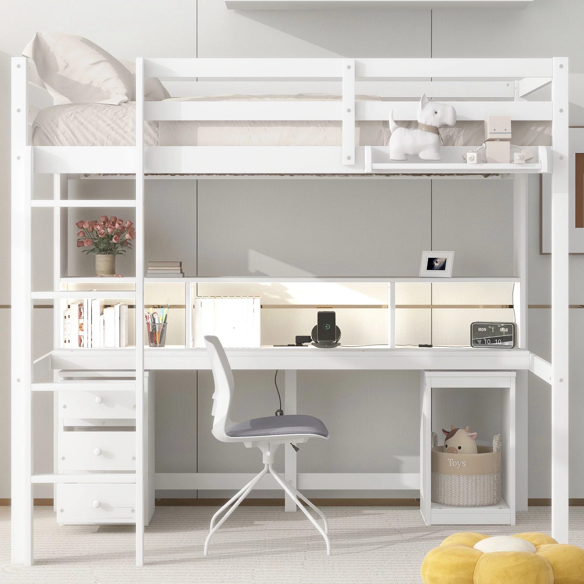 Euroco Twin Size Loft Bed with Built-in Desk, 3 Drawers and USB Charging Station, LED Light Under Bed Space, Solid Wood Bed Frame with Bookcase and Bedside Shelf for Bedroom, White