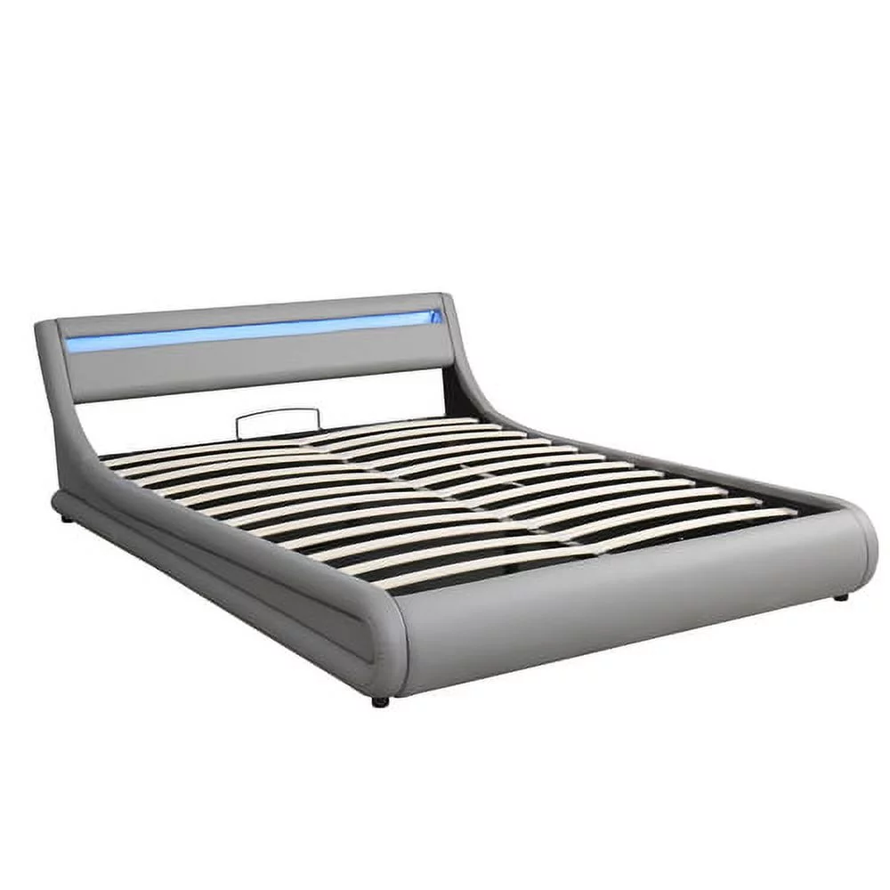 Motent Upholstered Faux Leather Platform bed with a Hydraulic Storage System with LED Light Headboard Bed Frame with Slatted Queen Size, Gray