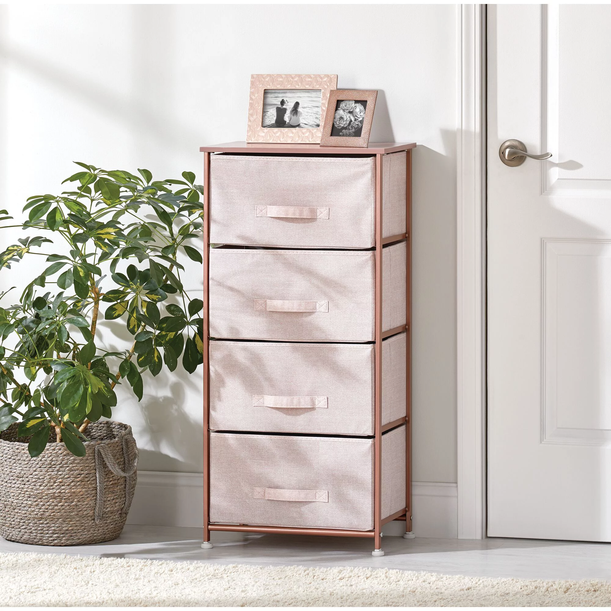 mDesign Tall Dresser Storage Tower Stand, 4 Fabric Drawers - Lt. Pink/Rose Gold