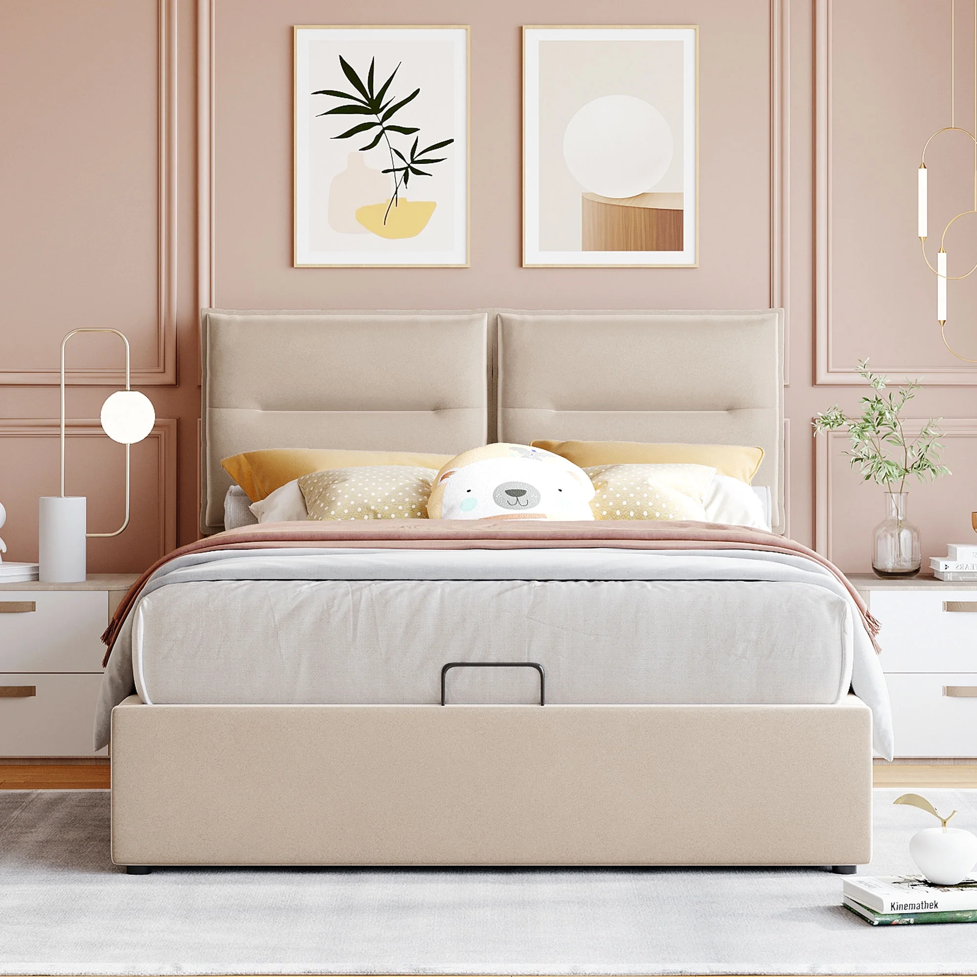 Royard Oaktree Full Size Platform Bed Frame with a Hydraulic Storage System Velvet Upholstered Storage Bed with Headboard and Slats, No Box Spring Needed, Beige
