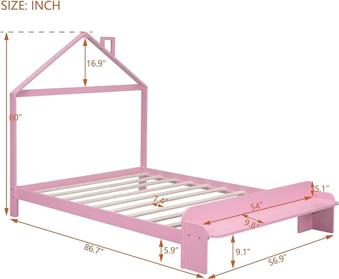 Full Size Wood Platform Bed with House-Shaped Headboard and Footboard Bench, Low Bed Frame for Kids Toddlers Girls Boys, No Box Spring Needed, Pink
