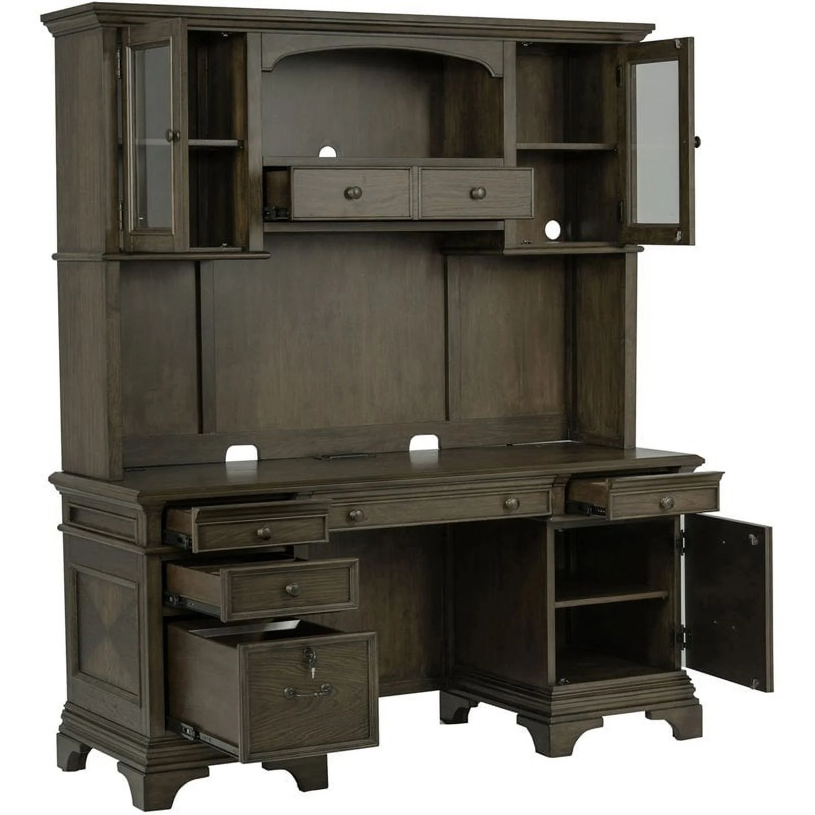 Pemberly Row Traditional Wood Credenza with Hutch Burnished Oak