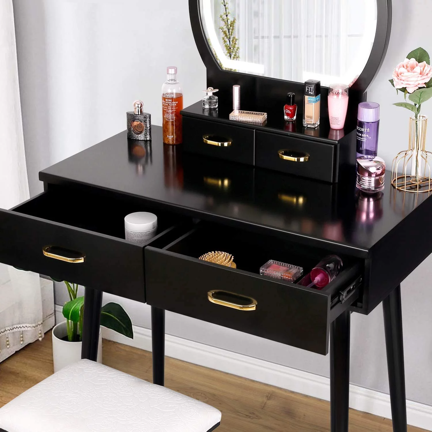 RichYa Vanity Desk with Lighted Mirror, Makeup Table with Stool, Black