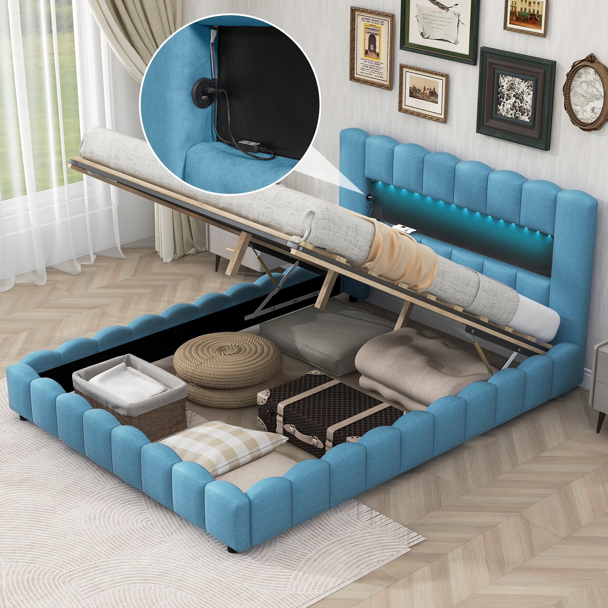 Euroco Upholstered Queen Bed, Platform Bed with Lift up Storage, LED Light Strip and USB Charging, Blue