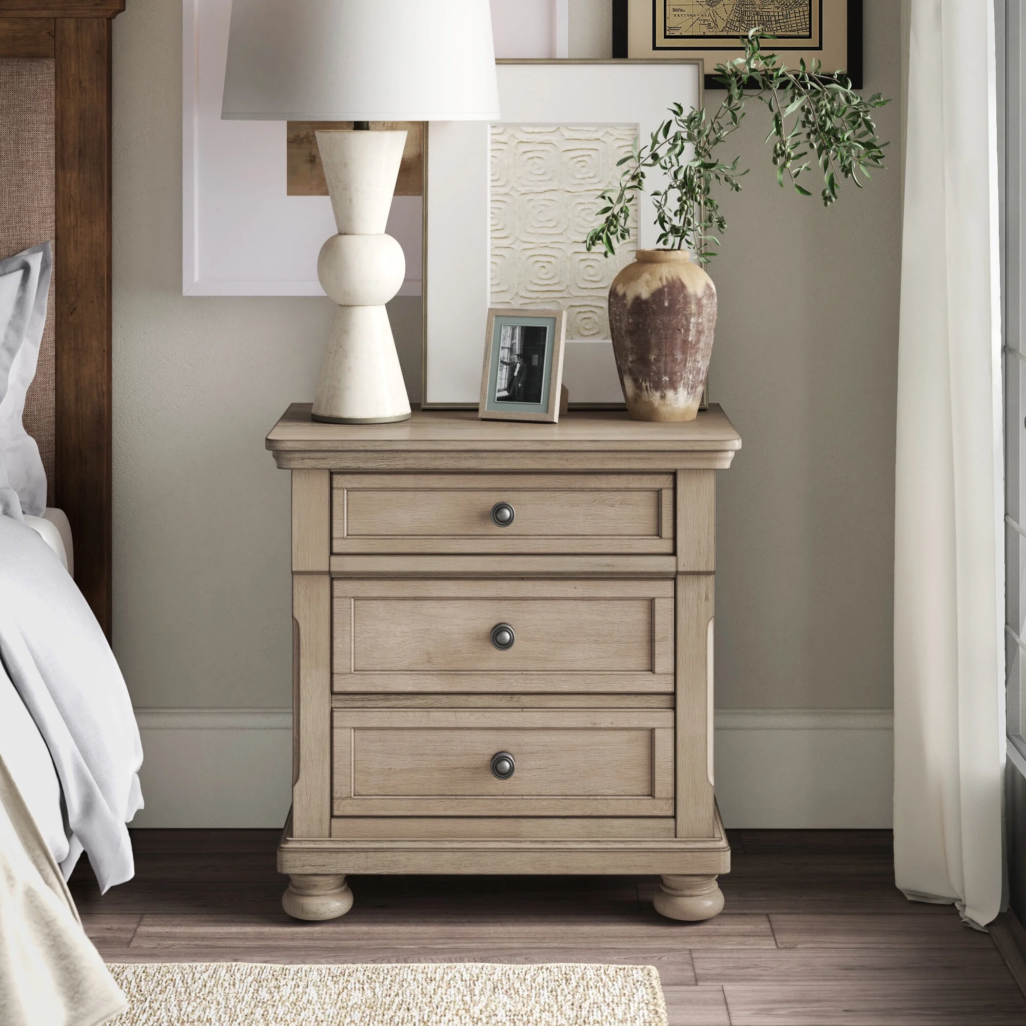 Glavbiku Traditional 2 Drawers Nightstand with Bun Feet,Dresser Table for Bedroom,Adult,Taupe