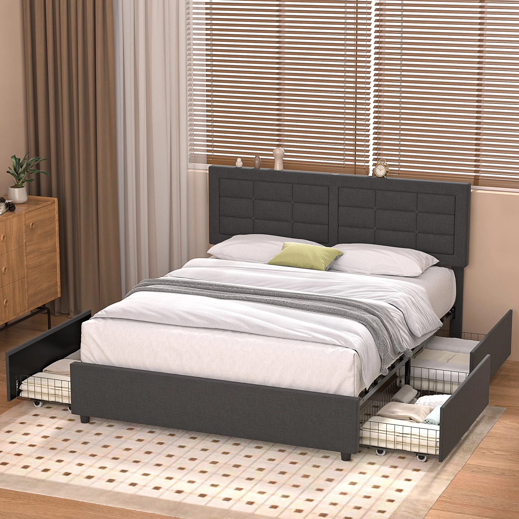 VECELO Queen Bed Frame with 4 Storage Drawers & USB Ports, Modern Button Tufted Upholstered Platform Bed Frame with Adjustable Headboard, No Box Spring Needed, Gray