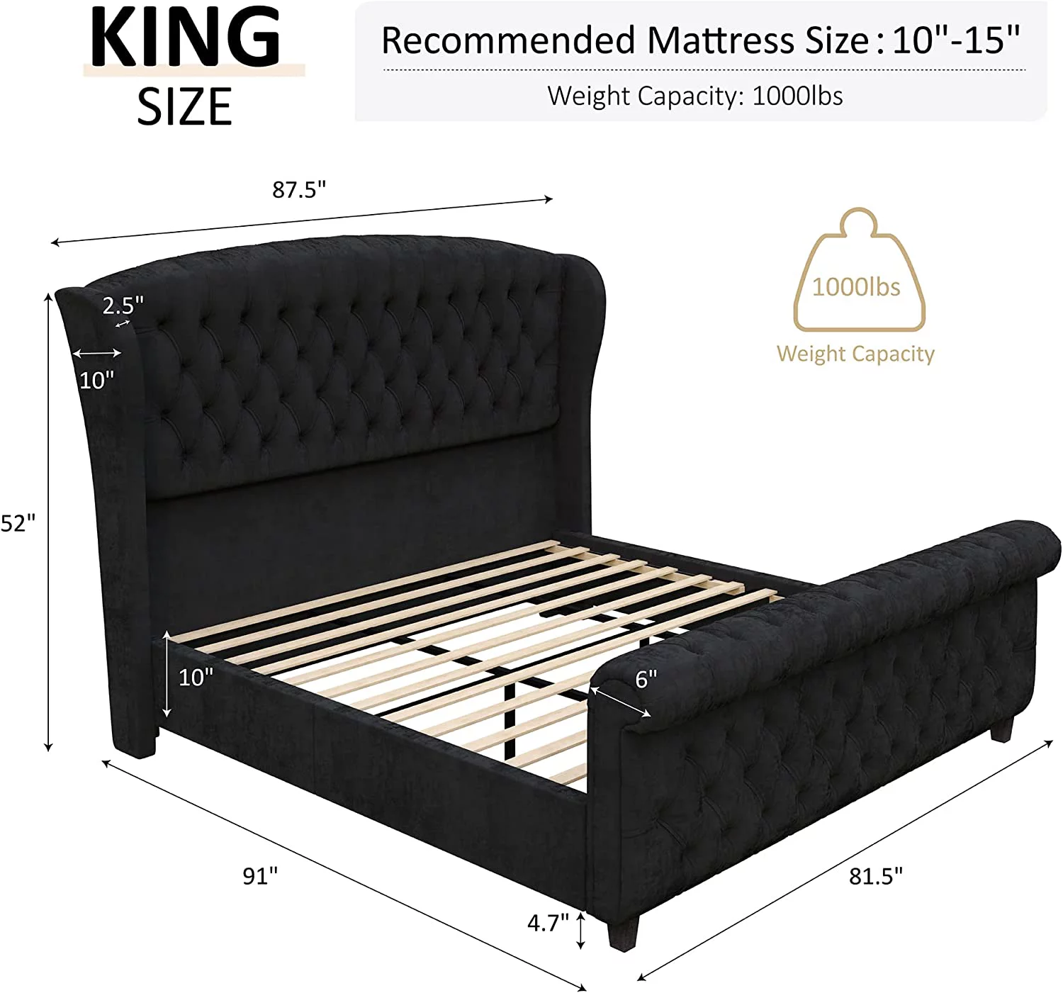 AMERLIFE King Size Platform Bed Frame, Velvet Upholstered Sleigh Bed with Scroll Wingback Headboard & Footboard/Button Tufted/No Box Spring Required/Black