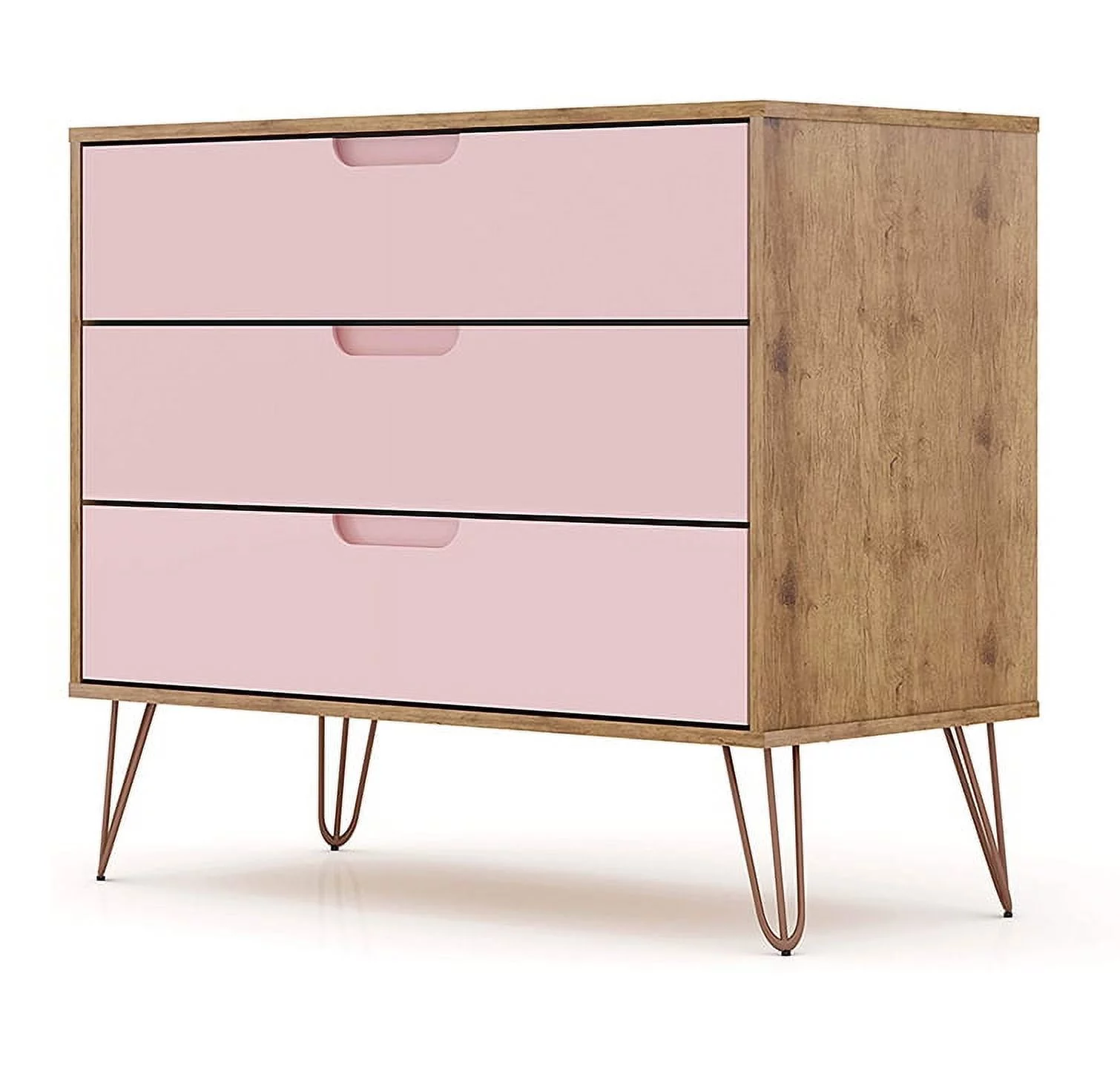Rockefeller Mid-Century- Modern Dresser with 3- Drawers in Nature and Rose Pink