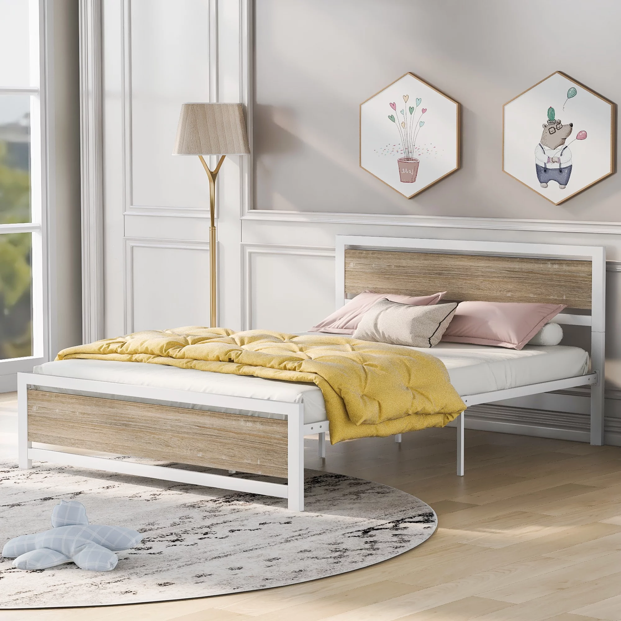 EUROCO Queen Size Wood and Metal Platform Bed for Bedroom, White
