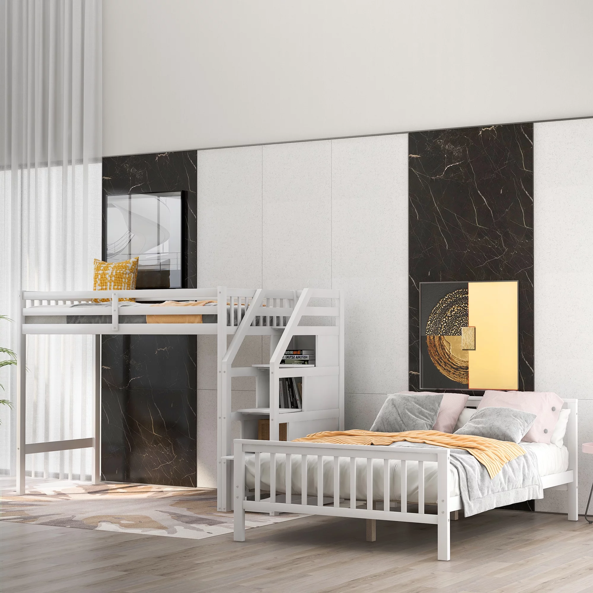Dcenta Twin over Full Loft Bed with Staircase,White