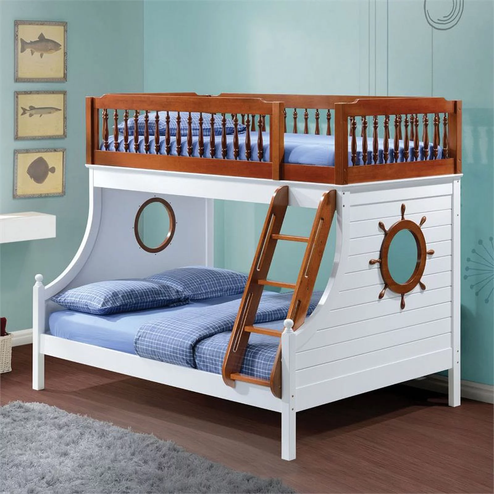 Bowery Hill Ship Wheel Design Twin Over Full Bunk Bed in Oak and White with Ladder and Guard Rail