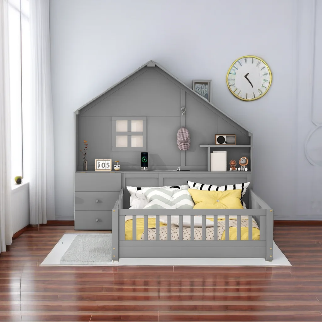 Full Size Platform Bed with House-Shaped Headboard,Wooden Full Platform Bed Frame with Window,Bedside Drawers,Shelves,a Set of Sockets and USB Port