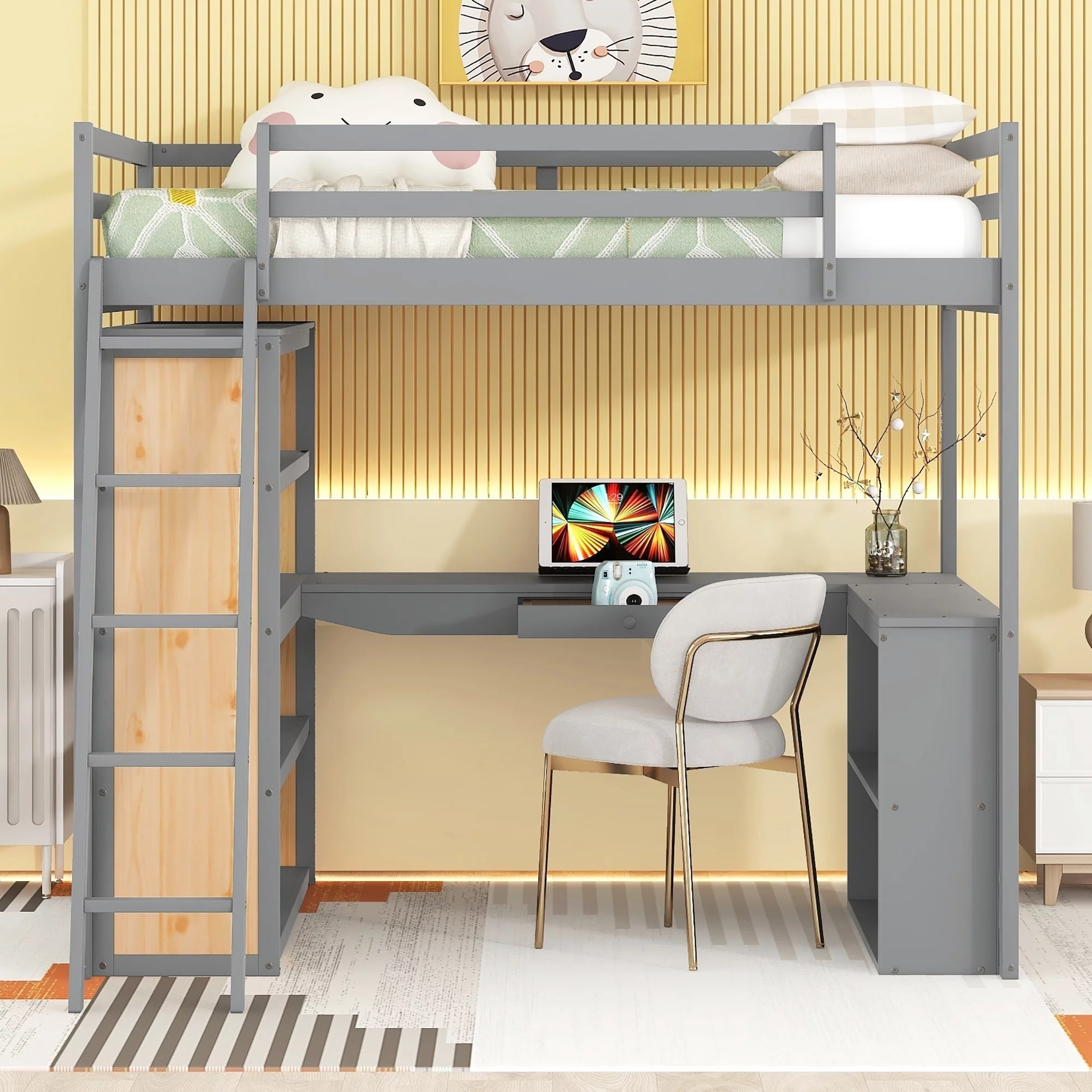Churanty Full Size Loft Bed with Desk and Shelves,Solid Wood High Loftbed Frame with Storage Drawers for Kids Teens Bedroom,Gray