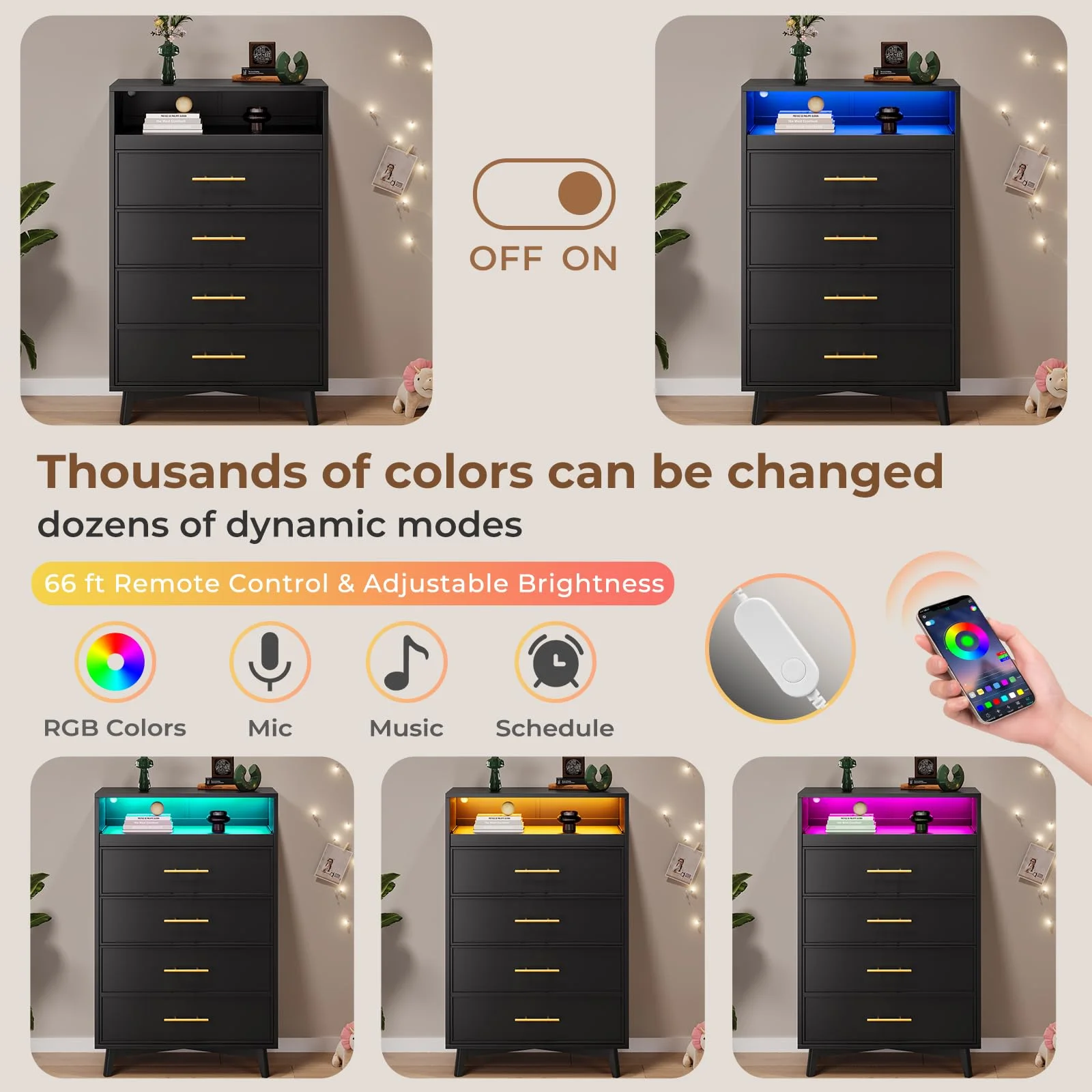 Afuhokles 4 Drawer Dresser for Bedroom with LED Lights, Modern Chest with Pull-Out Tray, Open Storage Space, Black
