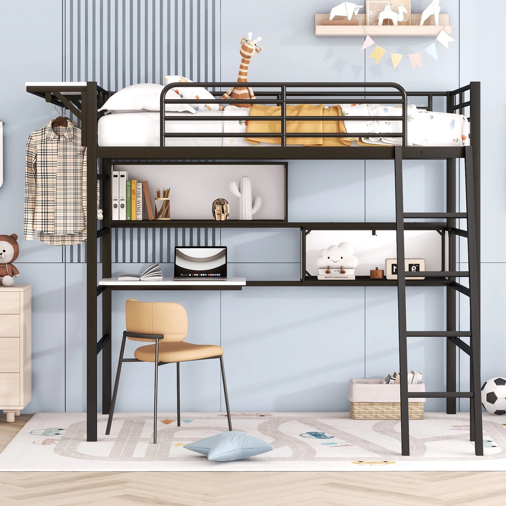 Euroco Metal Twin Size Loft Bed with Desk, Shelf and Clothes Hanger, Desktop for Storage, Black & White