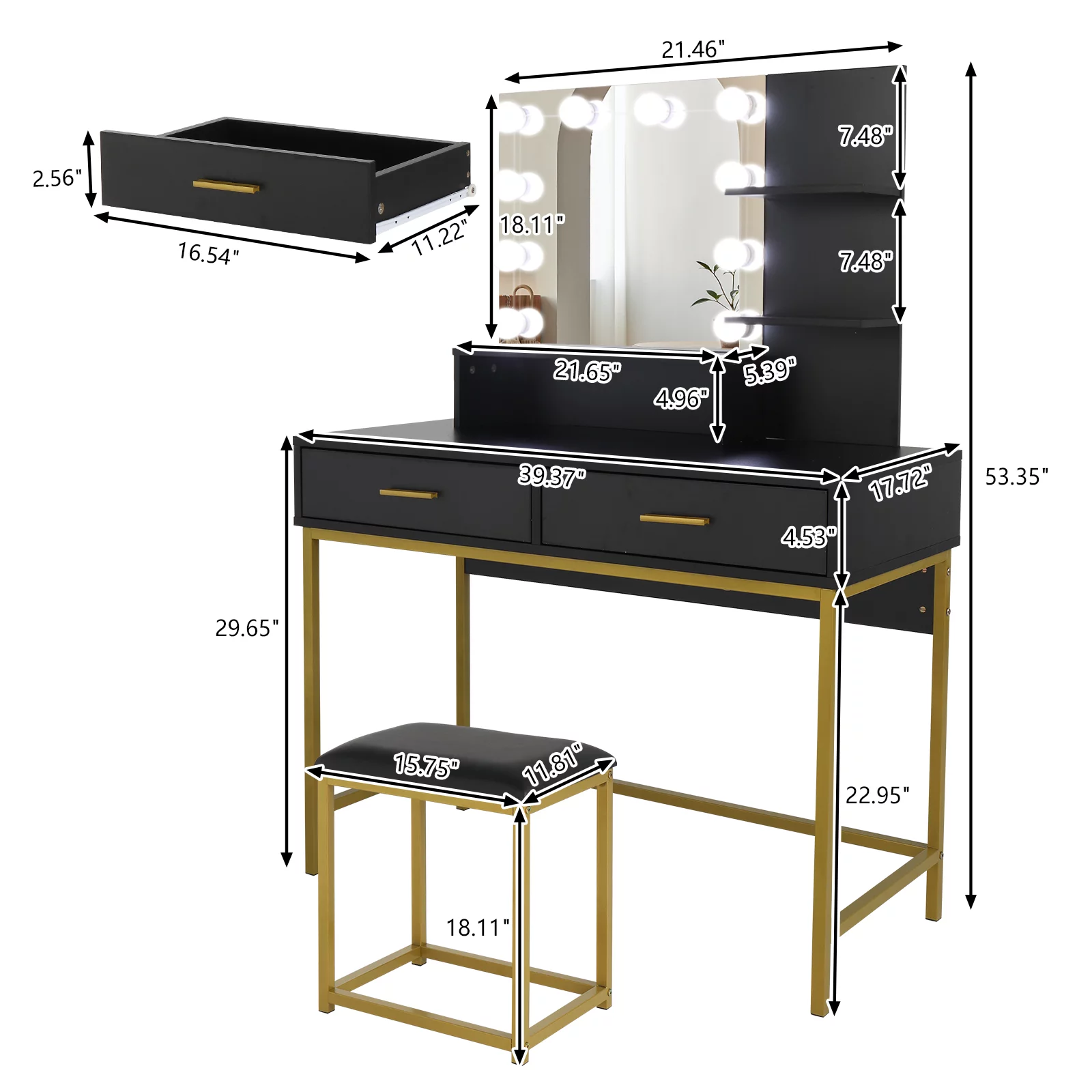Large Vanity Set with 10 LED Bulbs, Makeup Table with Cushioned Stool, 3 Storage Shelves 2 Drawers, Dressing Table Dresser Desk for Women, Girls, Bedroom- Black