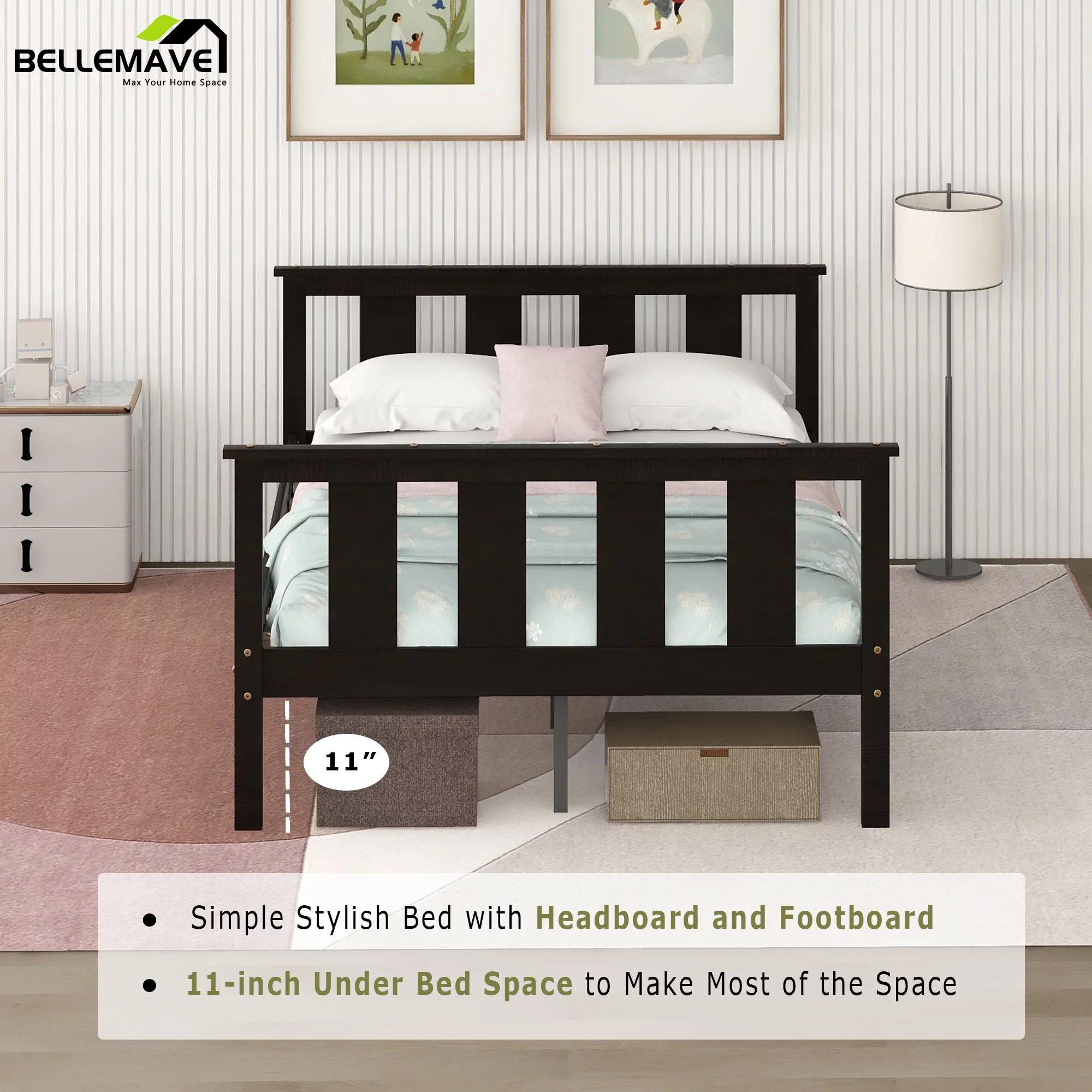 Bellemave Wood Full Size Platform Bed Frame with Headboard and Footboard, Kids Junior Full Bed Frame for Boys & Girls, No Box Spring Needed (Espresso)