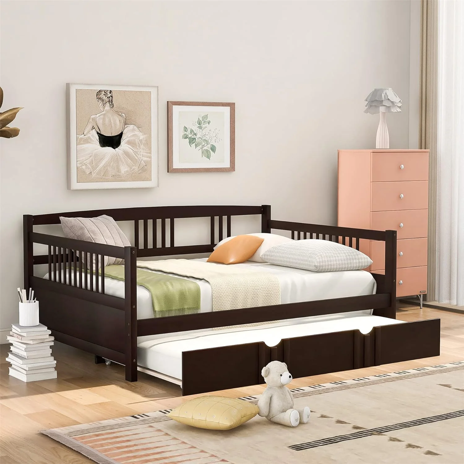 Full Size Daybed Wood Daybed Frame Wih rudle, For Kids ees Guess. o Box Sprig eeded, Bedroom Livig Room Furiure (Espresso)