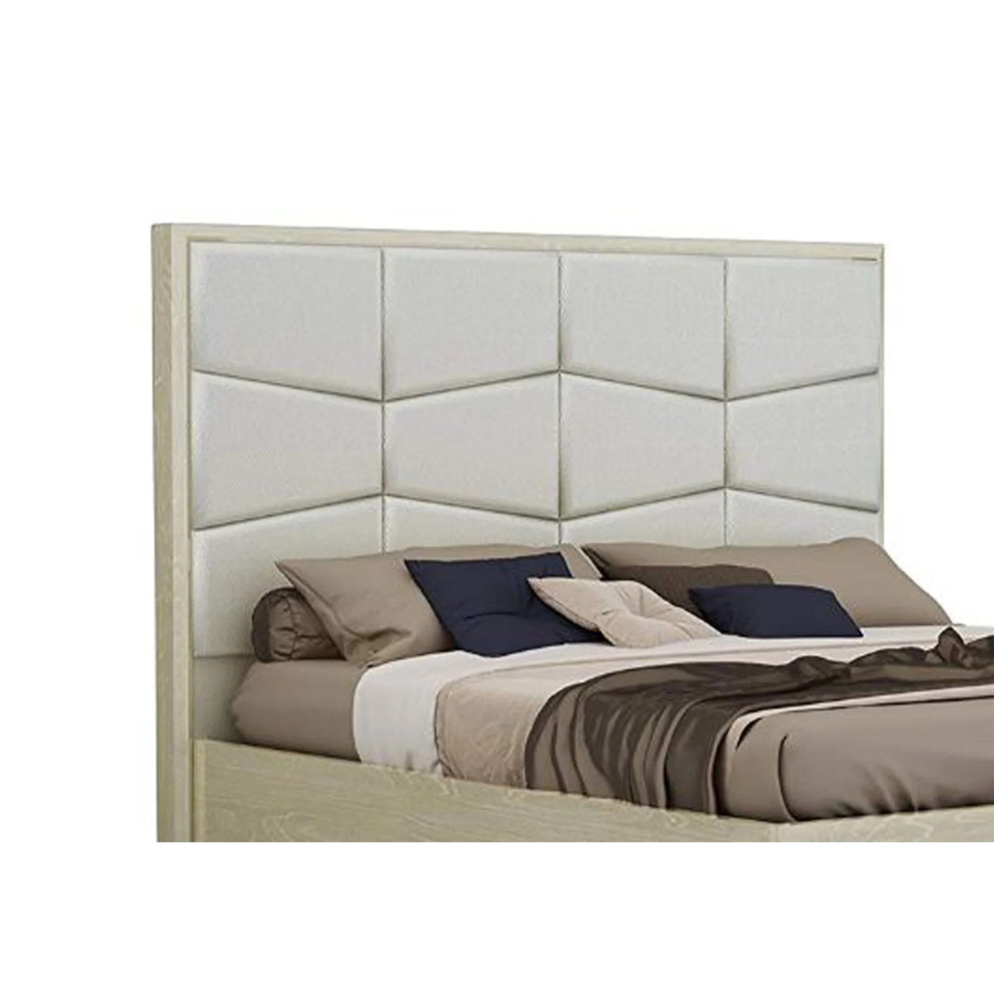 Wooden Queen Size Bed with Leather Upholstered Headboard, Brown and Grey