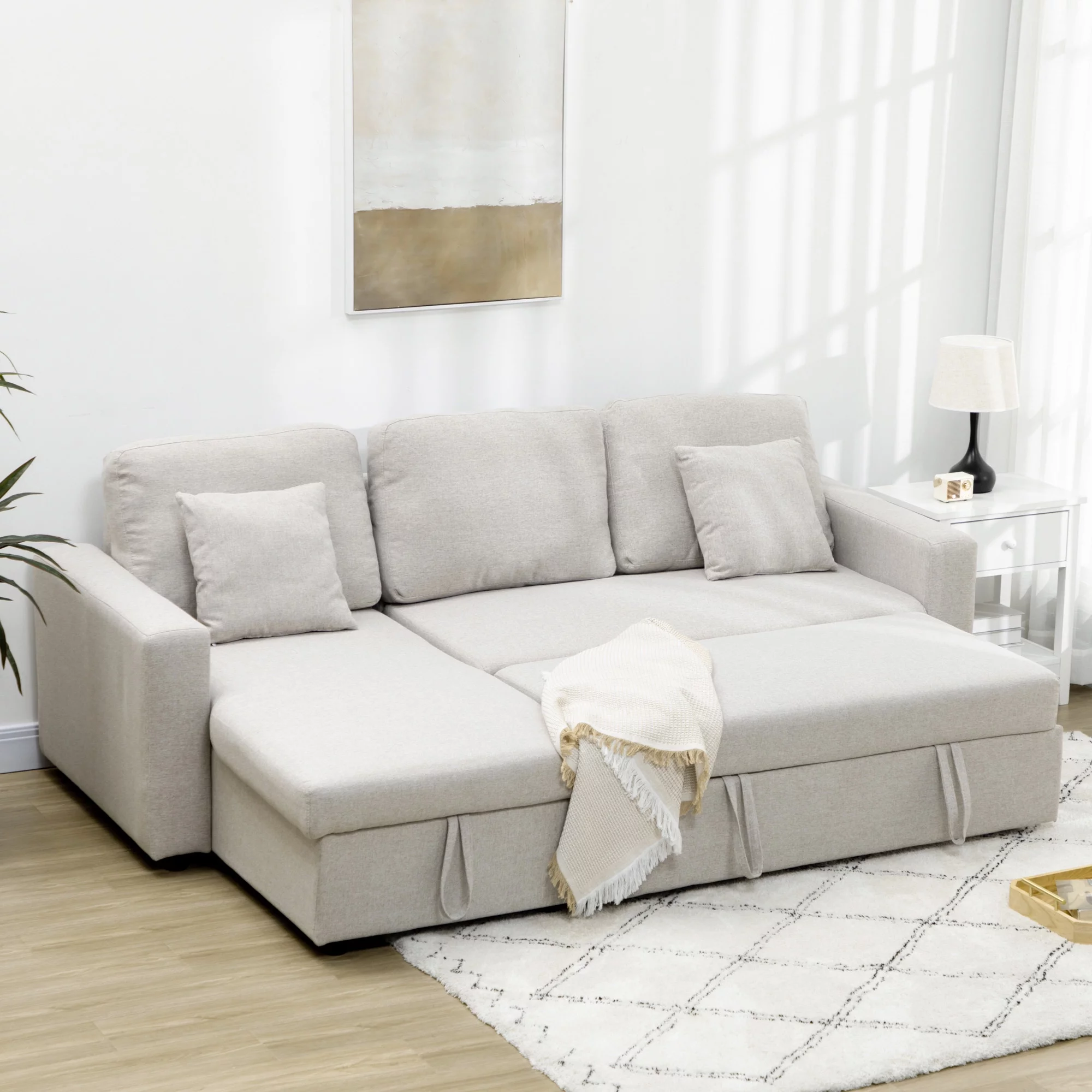 HOMCOM Sectional Sleeper Sofa with Pull out Bed Cream White