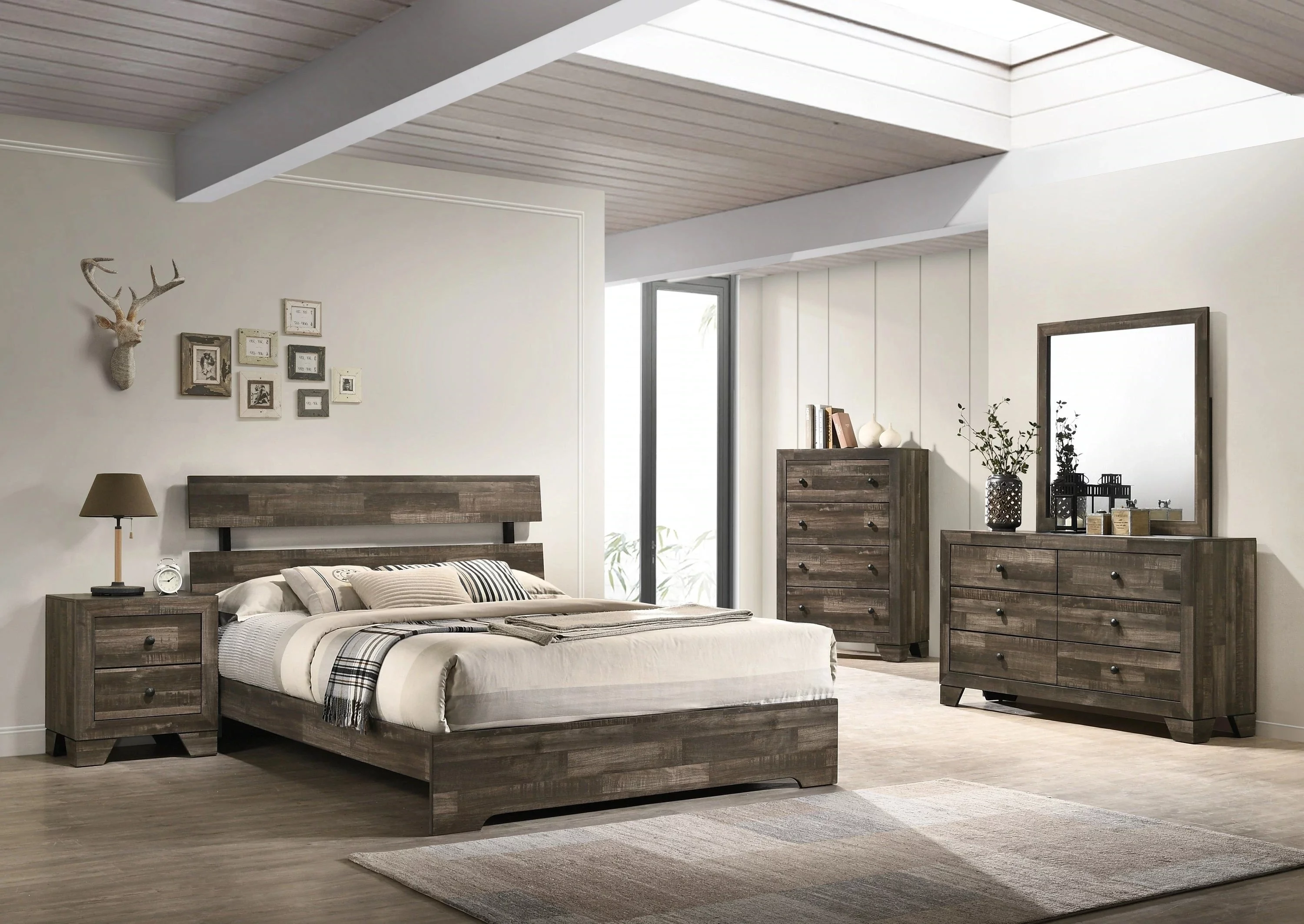 Rustic Brown Finish 4pc Twin Size Platform Bedroom Set Bed Dresser Mirror Nightstand