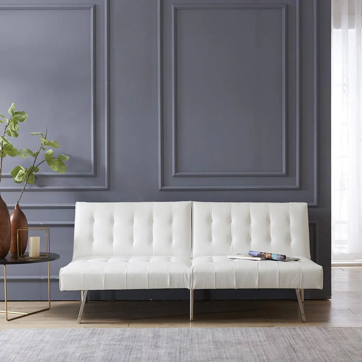 Naomi Home Tufted Split Back Futon Sofa Bed, Linen Couch Bed, Futon Convertible Sofa Bed with Chrome Legs, Folding, Reclining Small Convertible Couch, Futon Couches for Living Room White