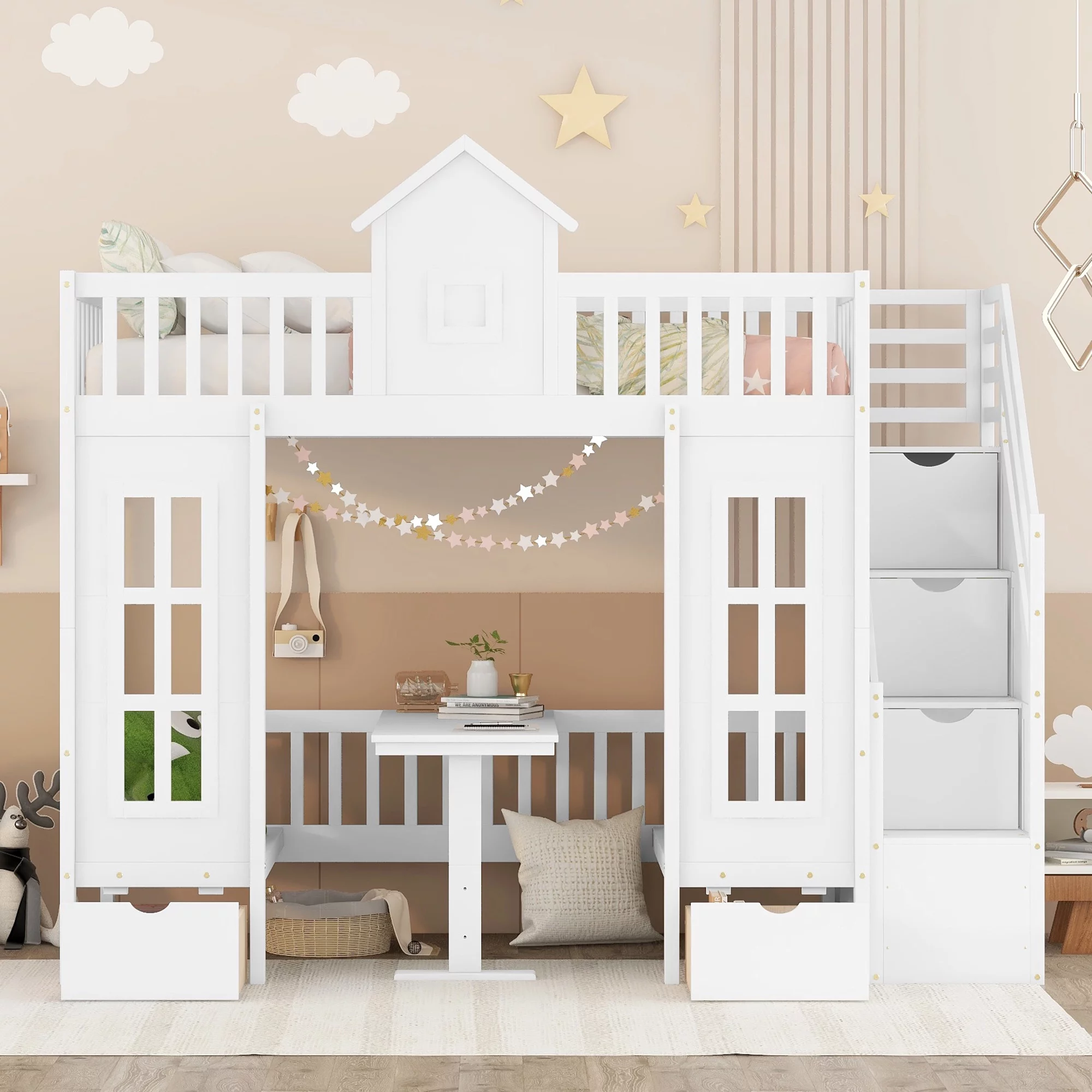 CoSoTower Twin-Over-Twin Bunk Bed with Changeable Table , Bunk Bed Turn into Upper Bed and Down Desk with 2 Drawers - White