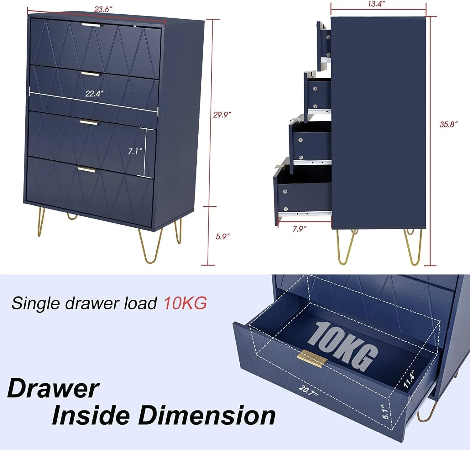 4 Drawer Dresser,Chest of Drawers,Wooden Dresser with 4 Metal Legs,Tall Dresser with Anti-Tipping Device,Dresser Set for Bedroom,Living Room (Navy Blue)