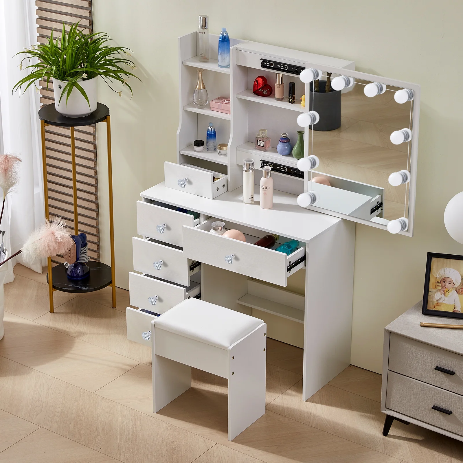 JBLCC Girls' Vanity with Lighted Mirror, White Vanity Desk Set with Stool for Bedroom, Modern Makeup Dressing Table with Storage Shelves and 5 Drawers