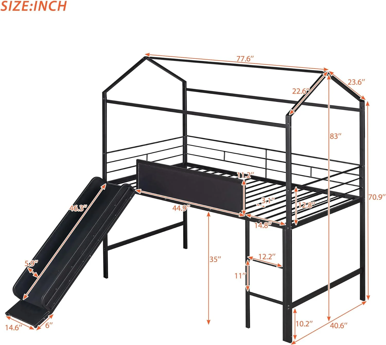 Metal Loft Bed With Slide, Graffiti Board And Ldder, Metal House Bed With Roof And Guardrail, Black